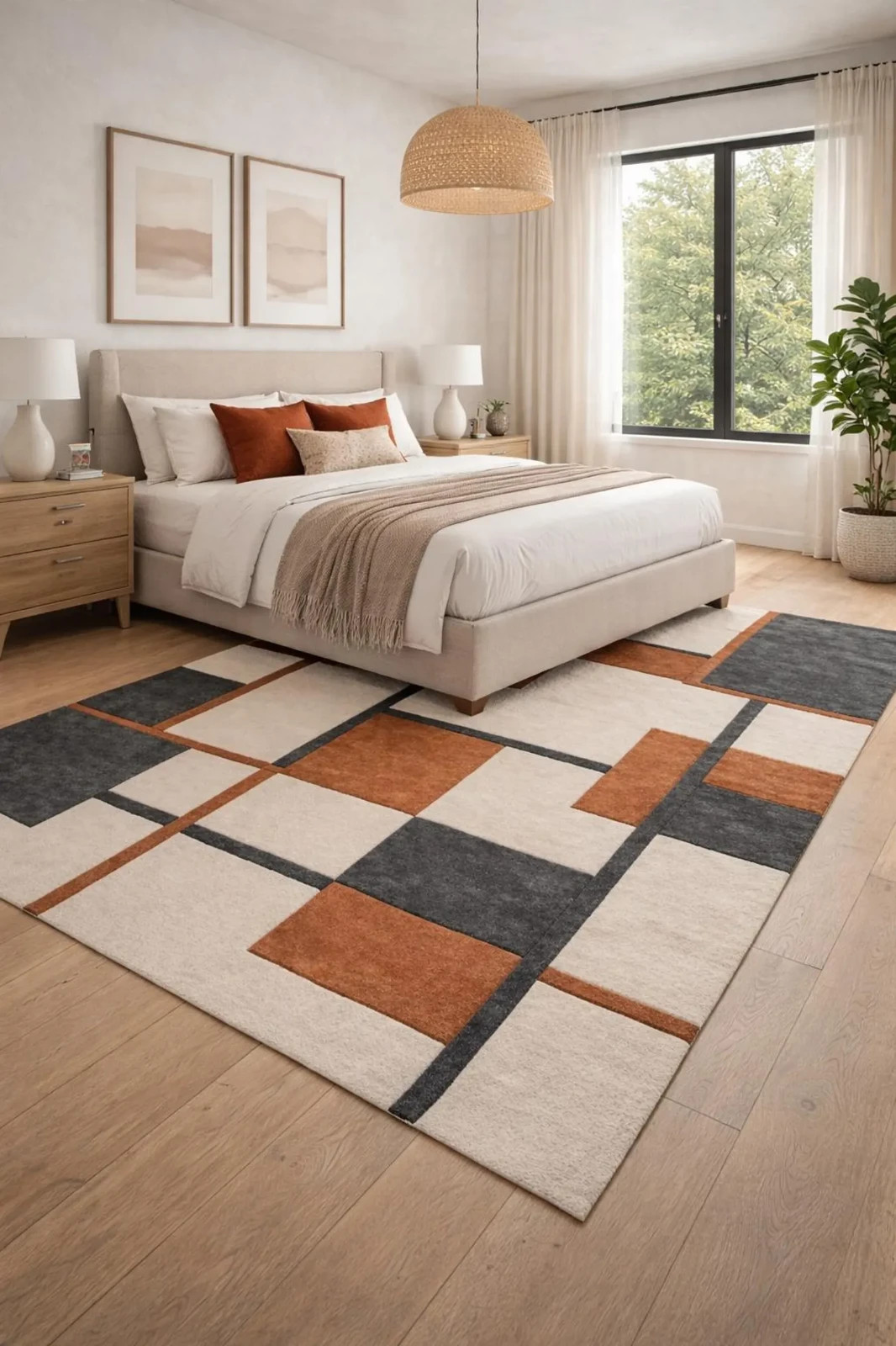 Hand Tufted Wool Area Rug | Modern Geometric Tiles, Rust Black Beige Carpet.
