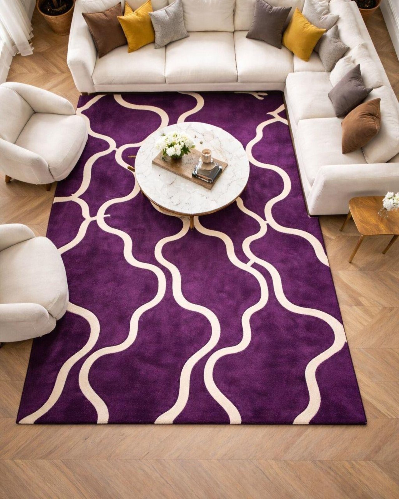 Hand Tufted Wool Rug – Modern Purple Wave, Plush Living Room Carpet
