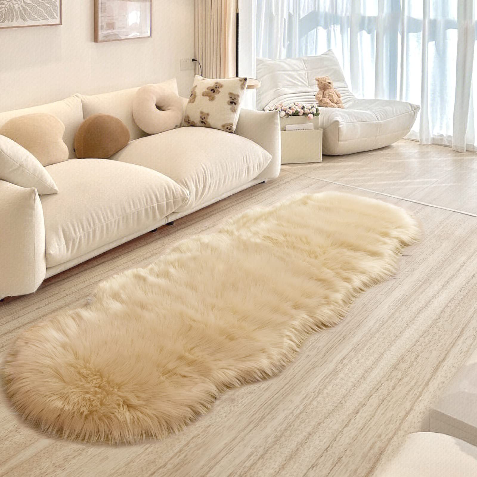 Serissa Ultra Soft Fluffy Rug Beige Faux Sheepskin Fur Area Rug Shaggy Couch