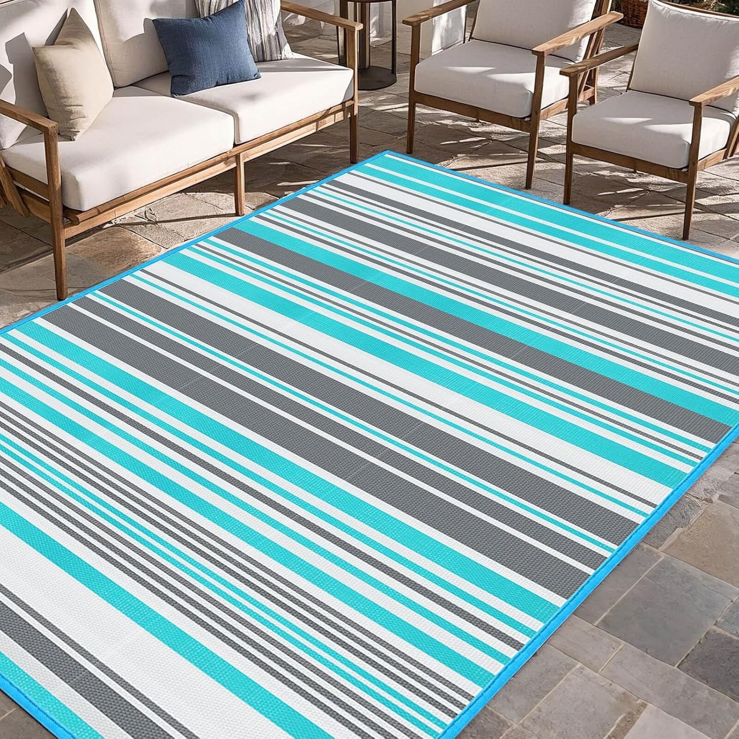 Modern Blue & Grey Striped Outdoor Rug 4×6 ft – Ideal for Decks & Balconies