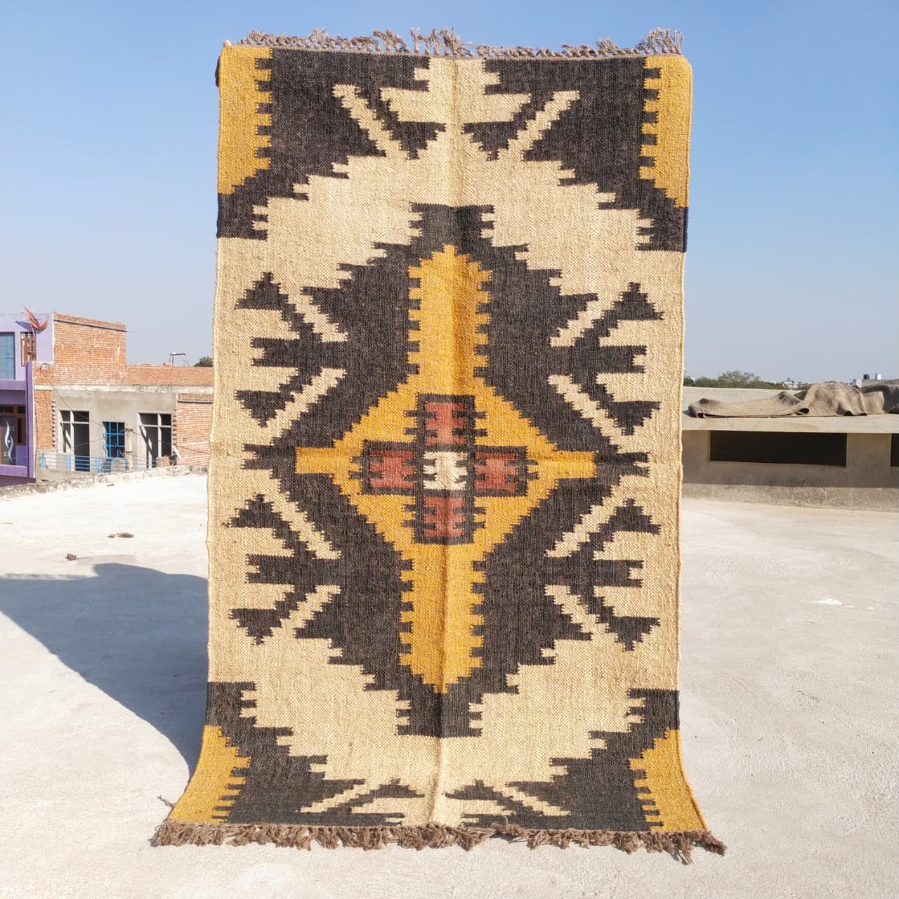Handwoven Wool Jute Kilim Rug – Boho Area Rug, Rustic Living Room Carpet, Natura