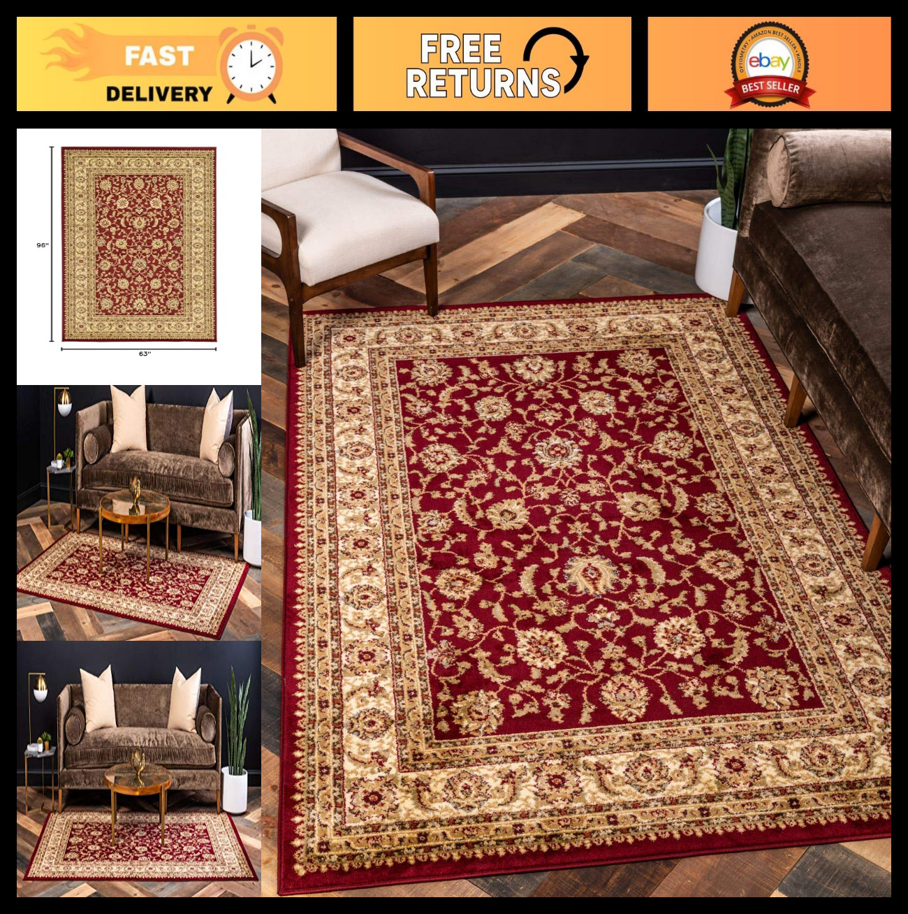 Traditional Oriental Area Rug 5′ x 8′ Rectangular, Intricate Design, Red/Gold