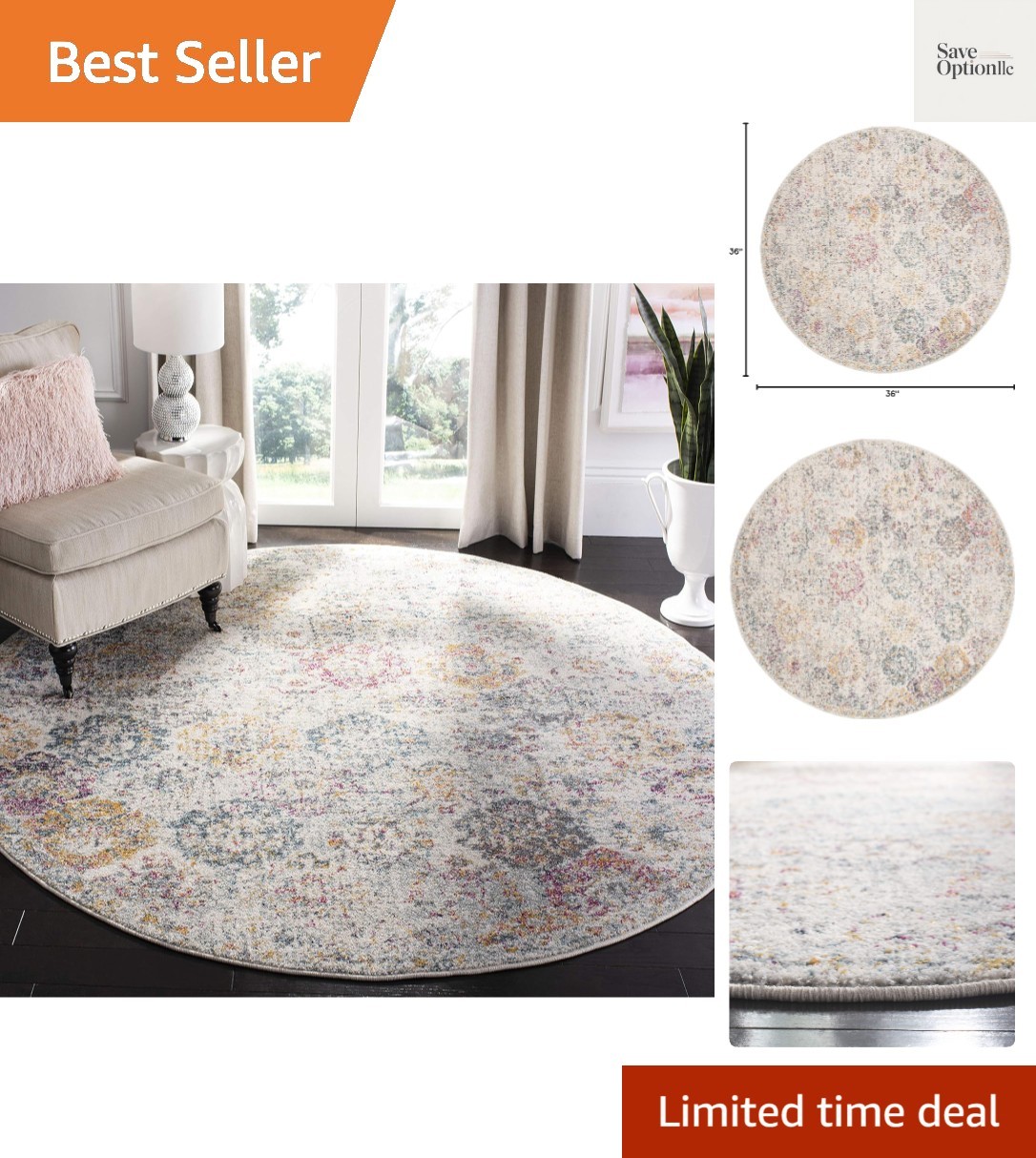 Madison Collection 3′ Round Grey / Gold Boho Chic Floral Medallion Trellis Di…