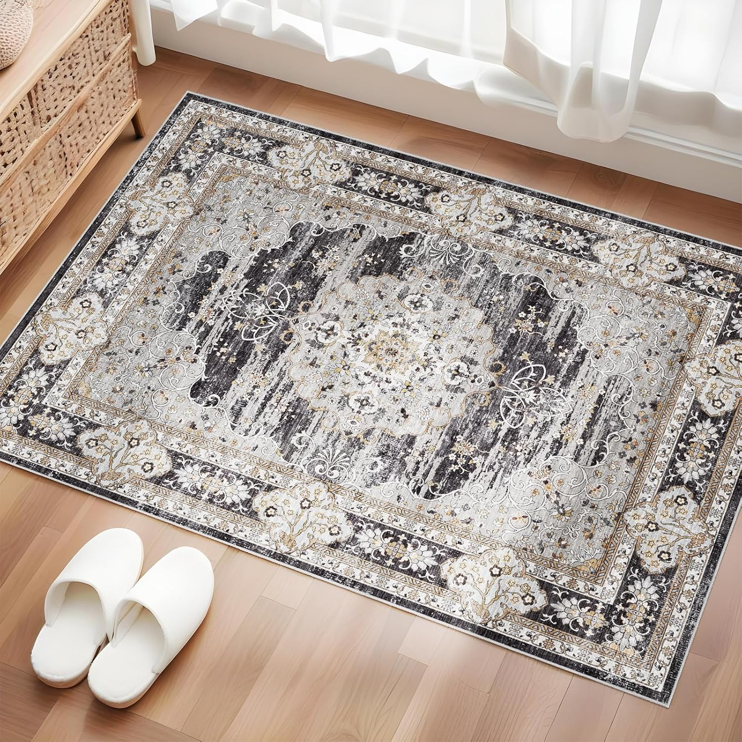 2X3 Washable Entryway Area Rug – Non-Slip Boho Throw Rugs Black Gray | Low Pile