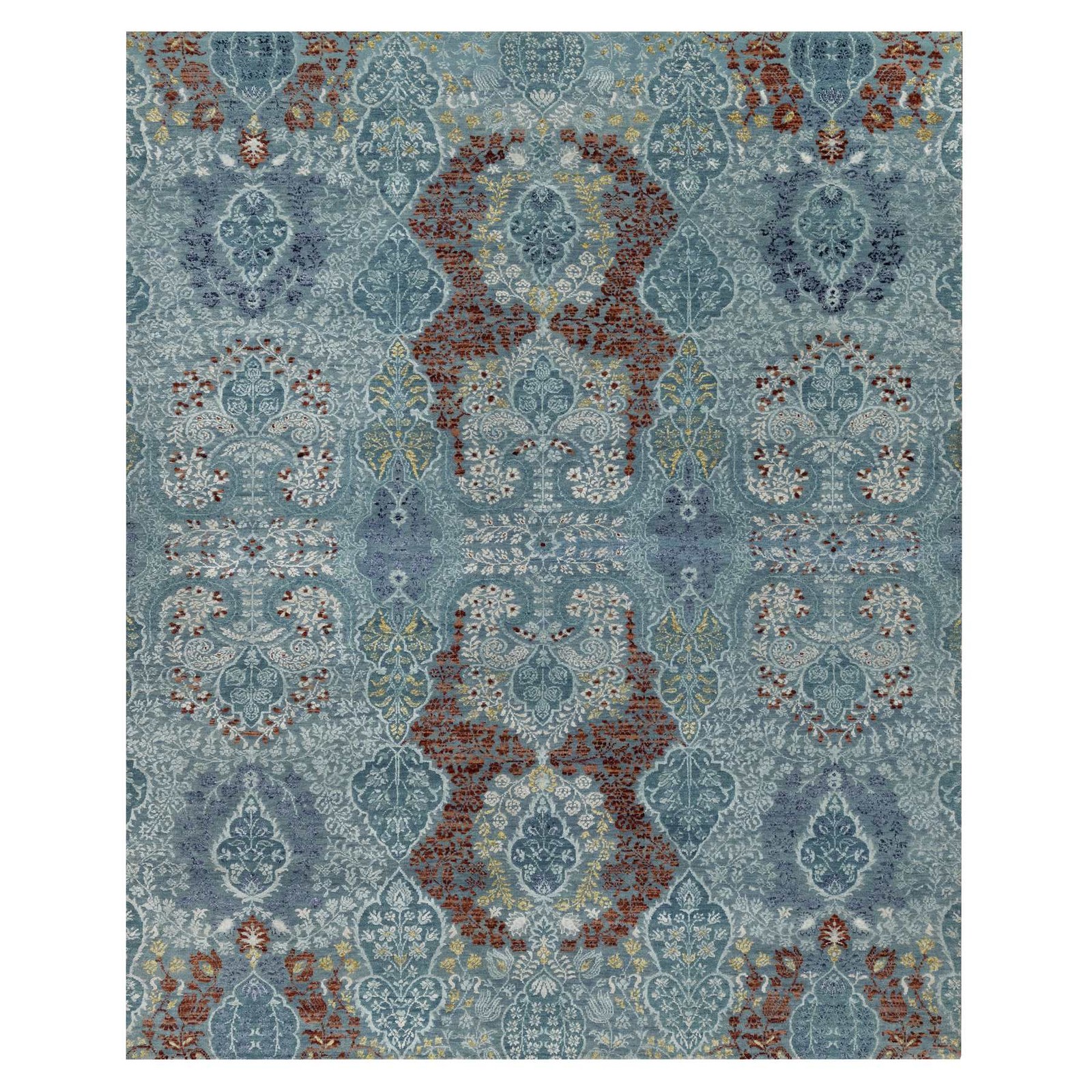 8’1″x10’1″ Cerulean Blue Jewelry Design Wool and Silk Hand Knotted Rug 91804