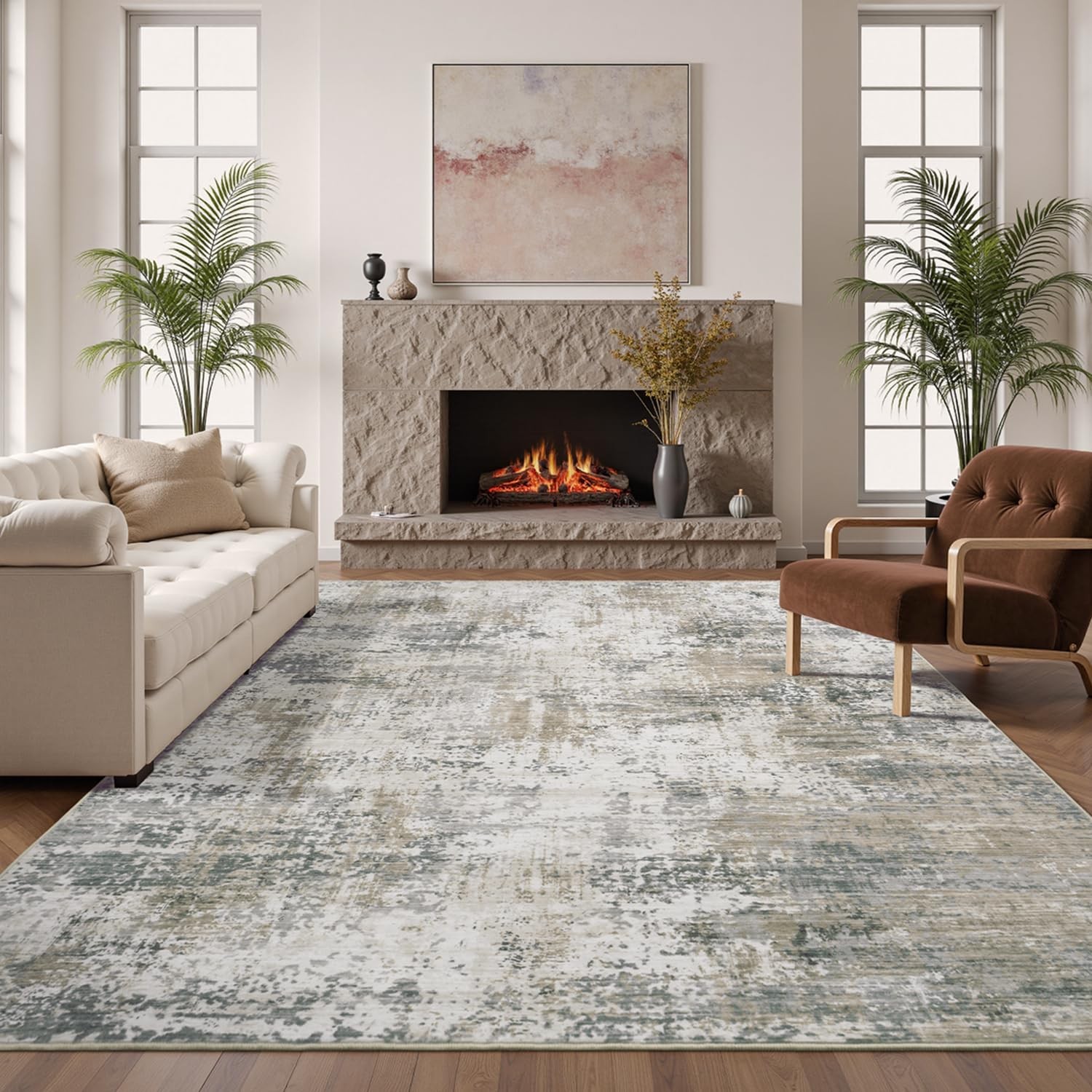 8×10 Area Rugs for Living Room, Abstract Neutral Large Washable Rug, Modern S…