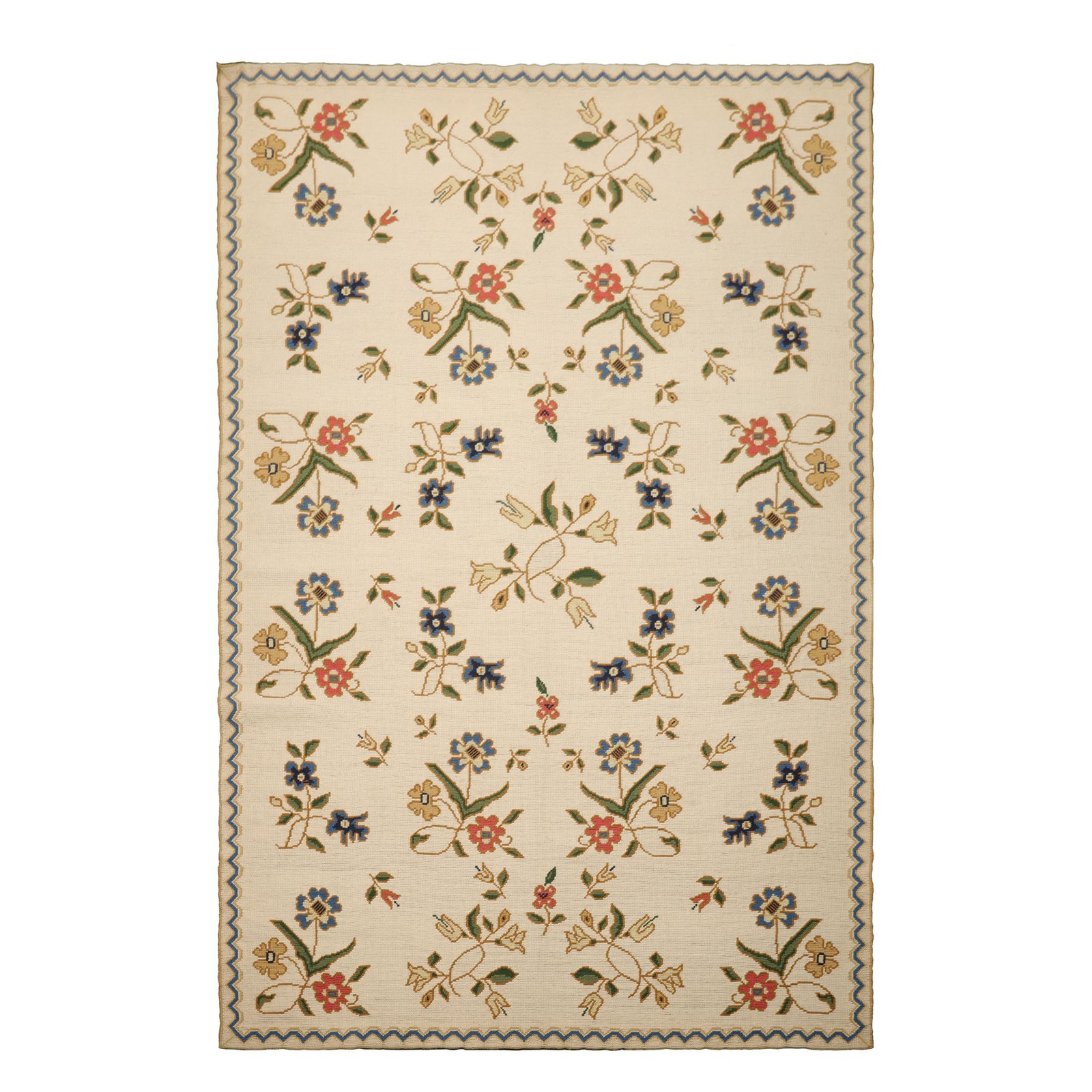 6’x9’3” Hand Woven Wool Ivory French Needlepoint Flatweave Floral Rug