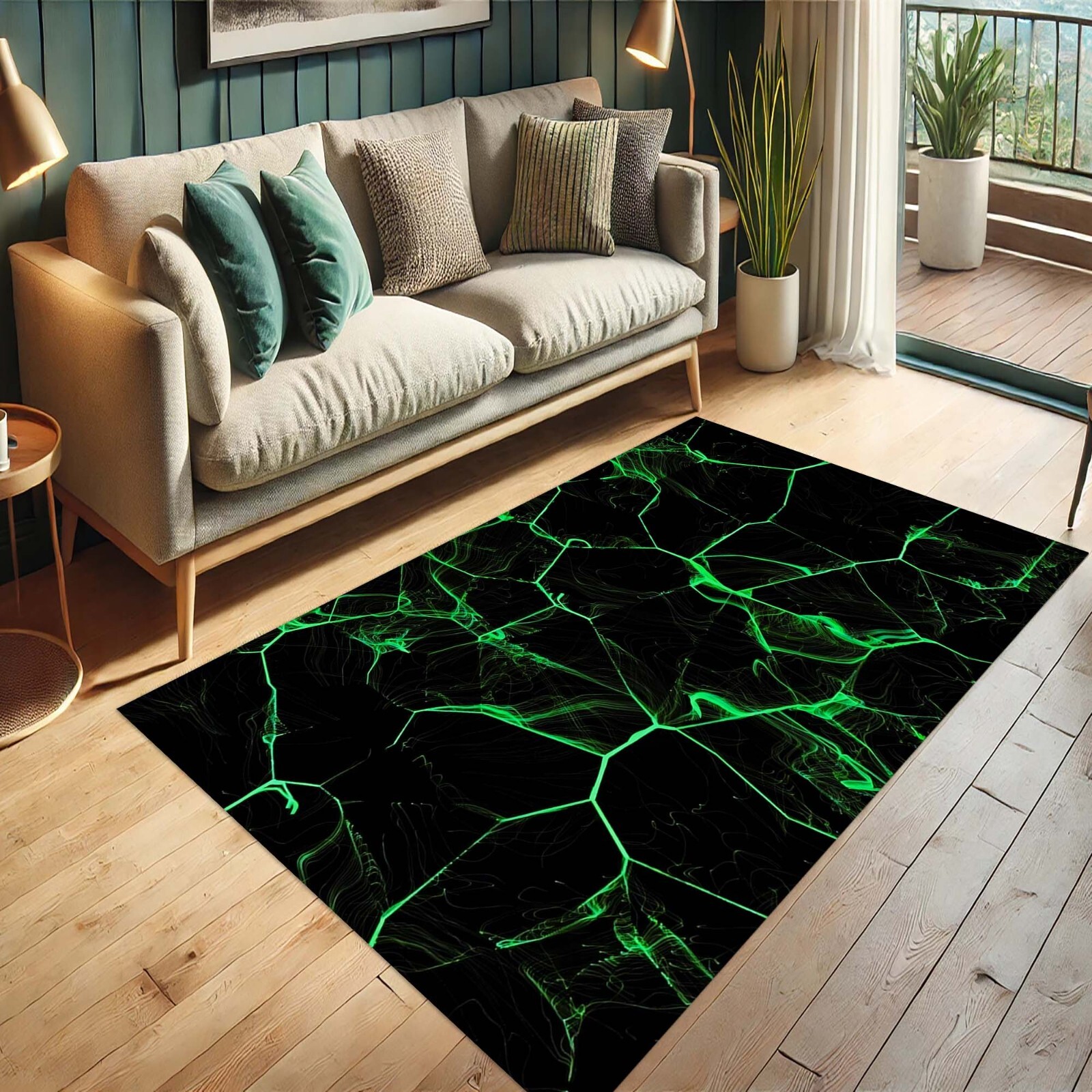 Futuristic Neon Design, Electric Green Network Pattern, Sci-Fi Home Accent, Bold