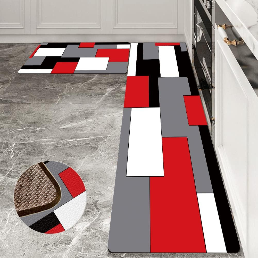 Black,White,Red and Grey Kitchen Rug Set 2 Piece Abstract Geometric Art Cushione