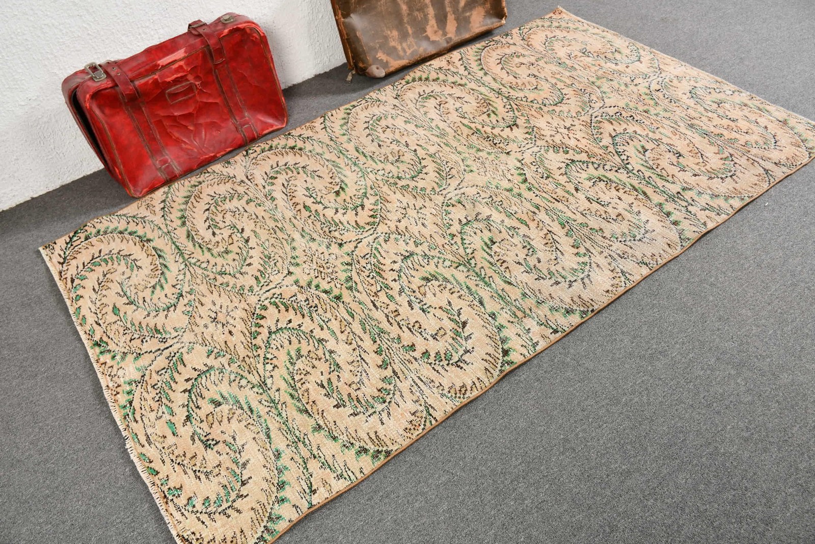 Vintage Turkish Rug, 4,3×7,4 ft Area Rug, Green Brown Patchwork Rug