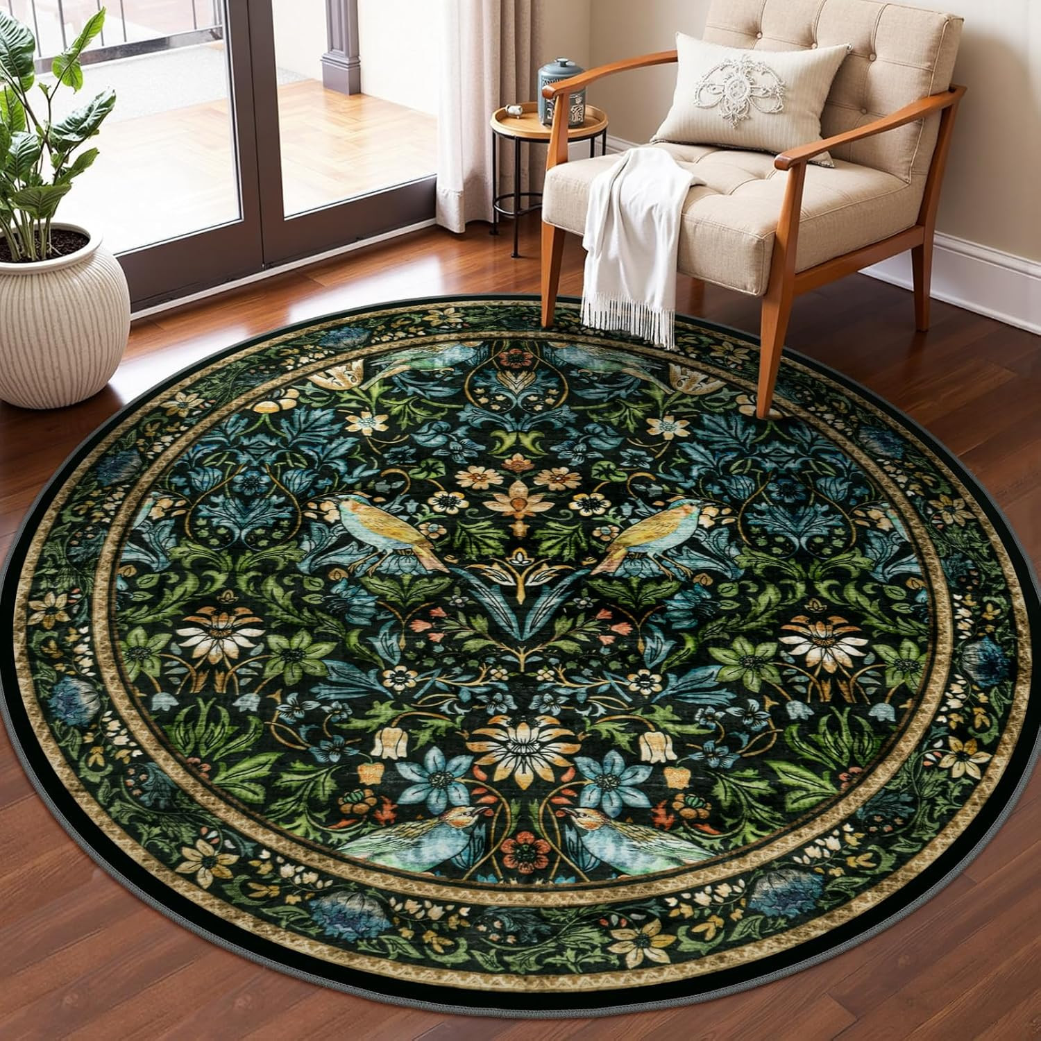 Vintage Floral round Rugs 5Ft, Washable Boho Circle Rug for Living Room, Soft No