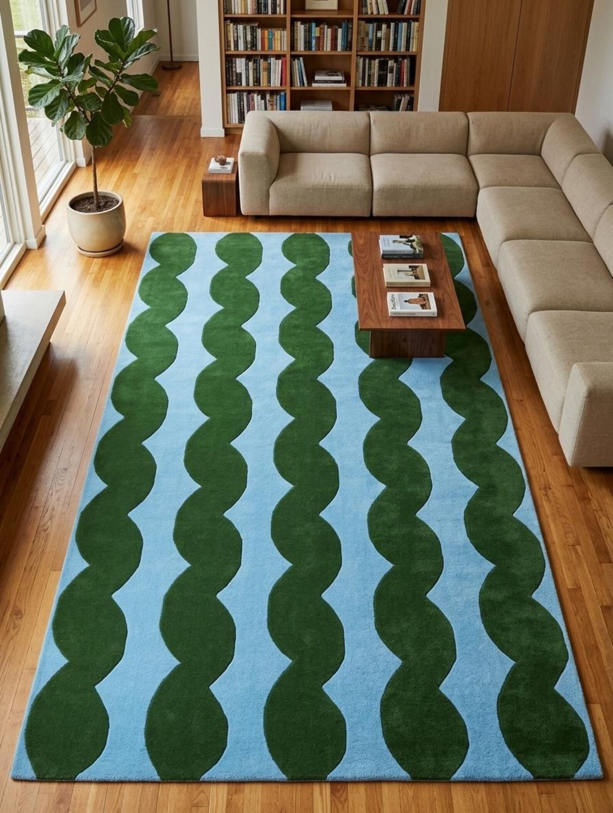 Modern Wavy Green Blue Area Rug, Handmade Tufted Rug, Contemporary Living Room