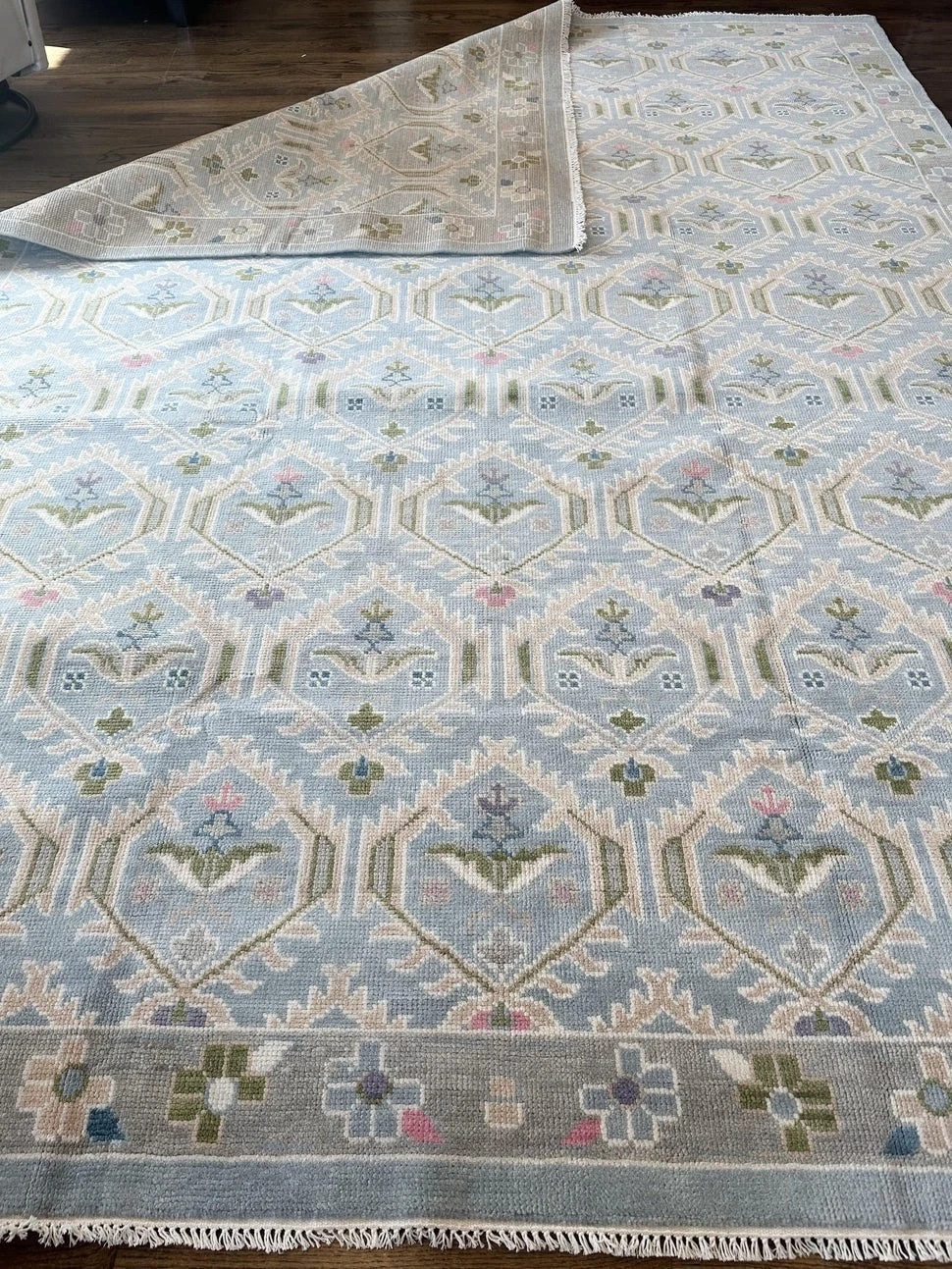 Hand Knotted Oushak Wool Rug Muted Blue Geometric Lattice Pastel Area Rug Carpet
