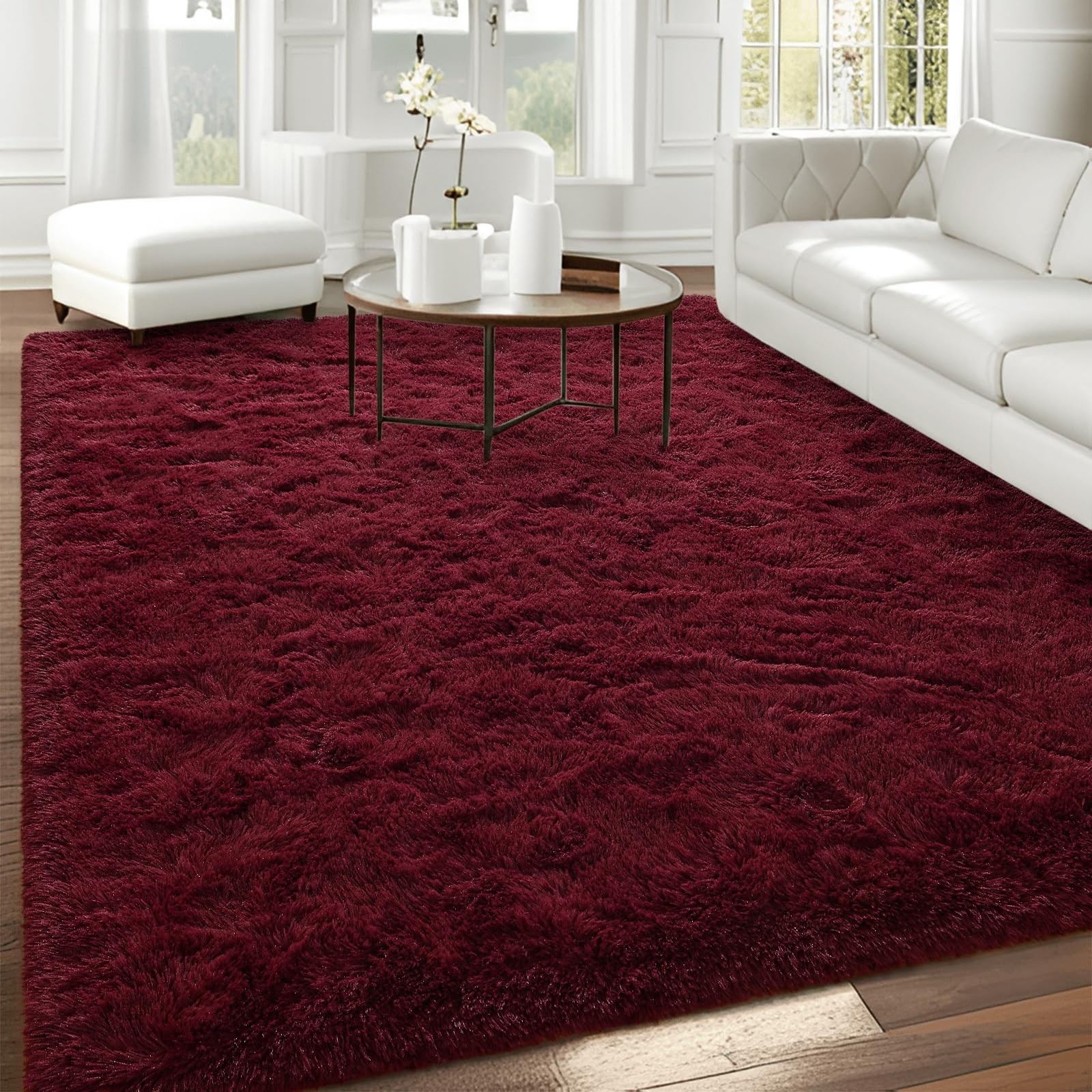 Fluffy Burgundy Red Rugs for Bedroom, 4×6 Feet Dark Red Area Rug for Living R