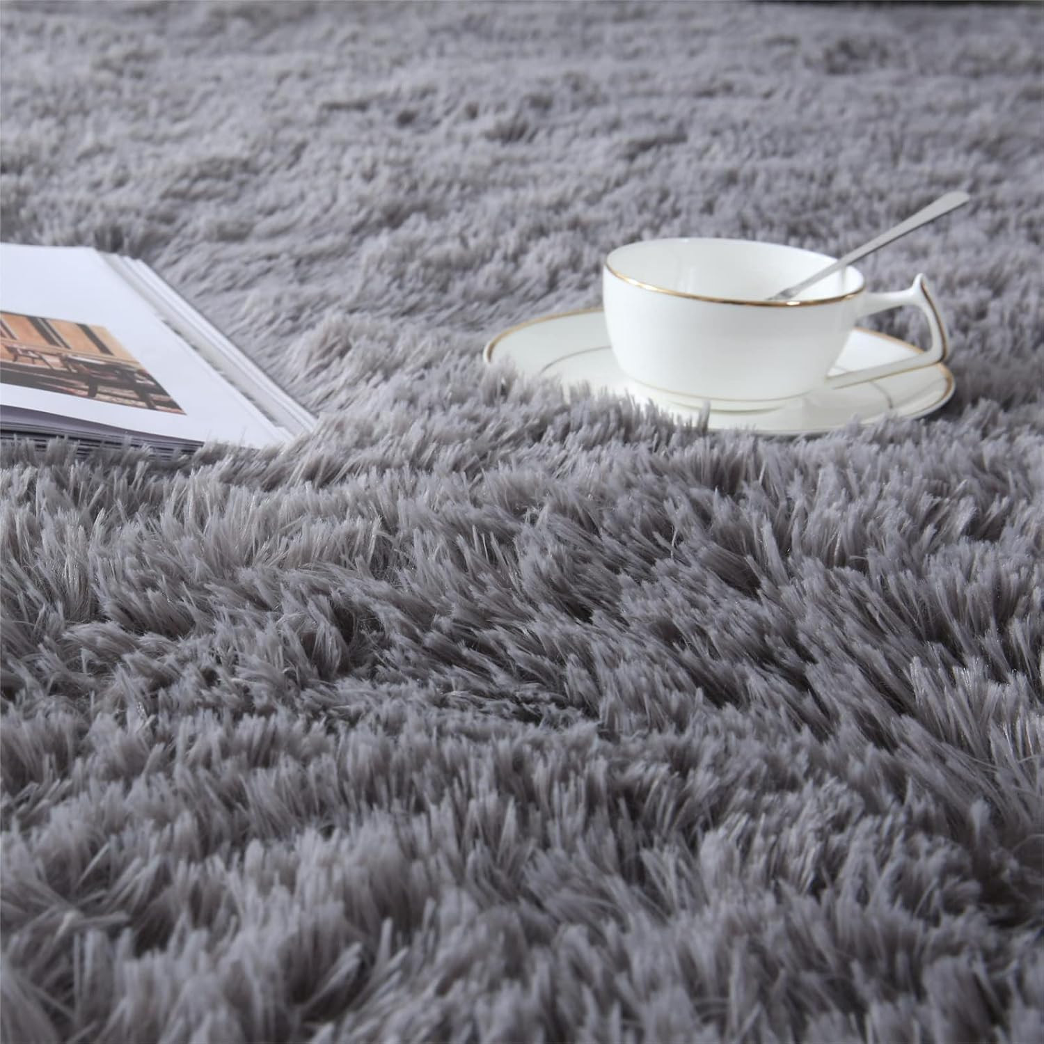 Grey Area Rug for Living Room: Indoor Ultra Soft Shag Plush Rugs for Bedroom – N