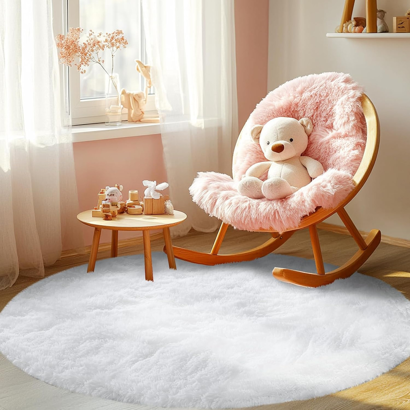 Round Area Rug for Bedroom White 3ft Fluffy Furry Plush Carpet for Kids Girls