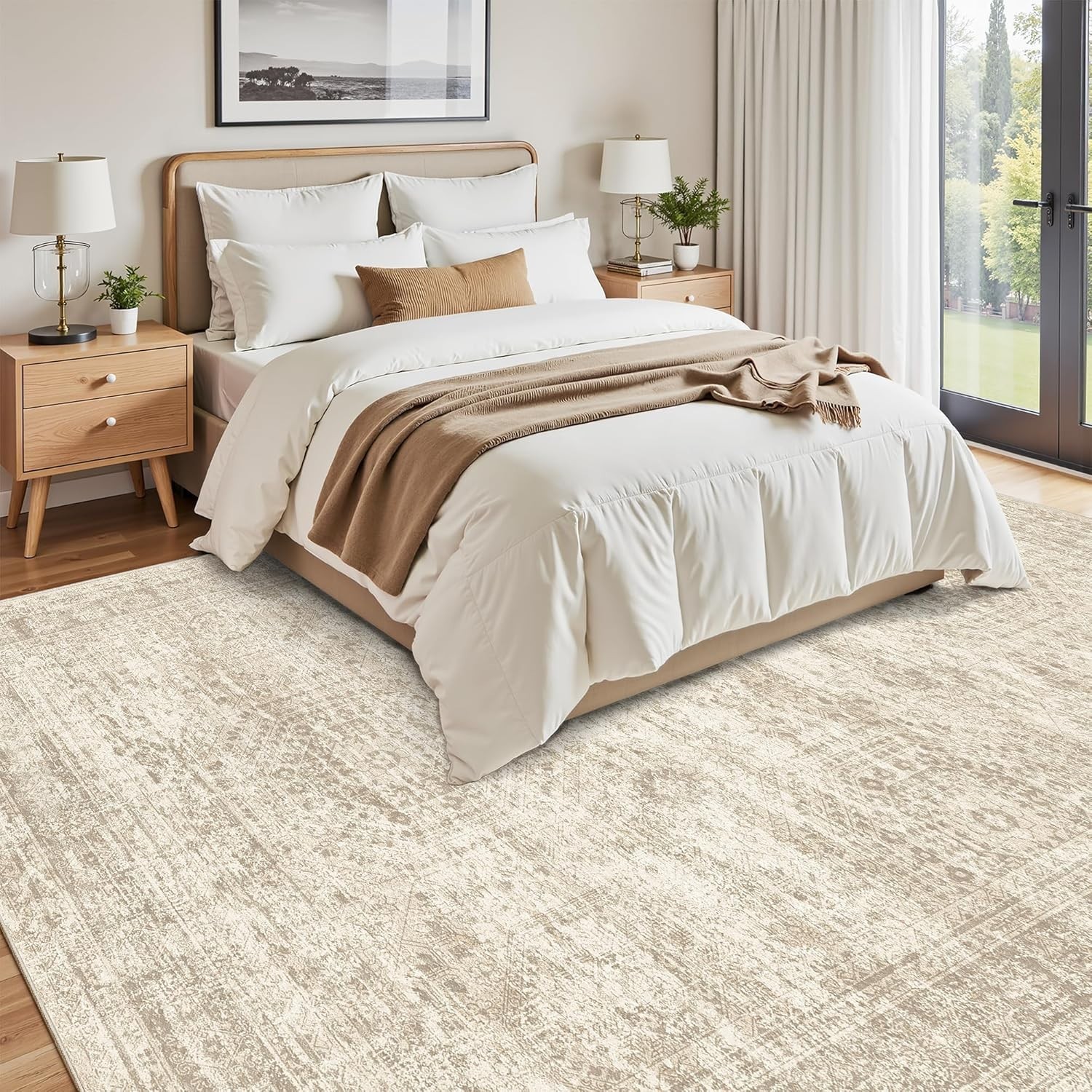 Beige 9×12 Low Pile Area Rug – Lightweight, Stain Resistant