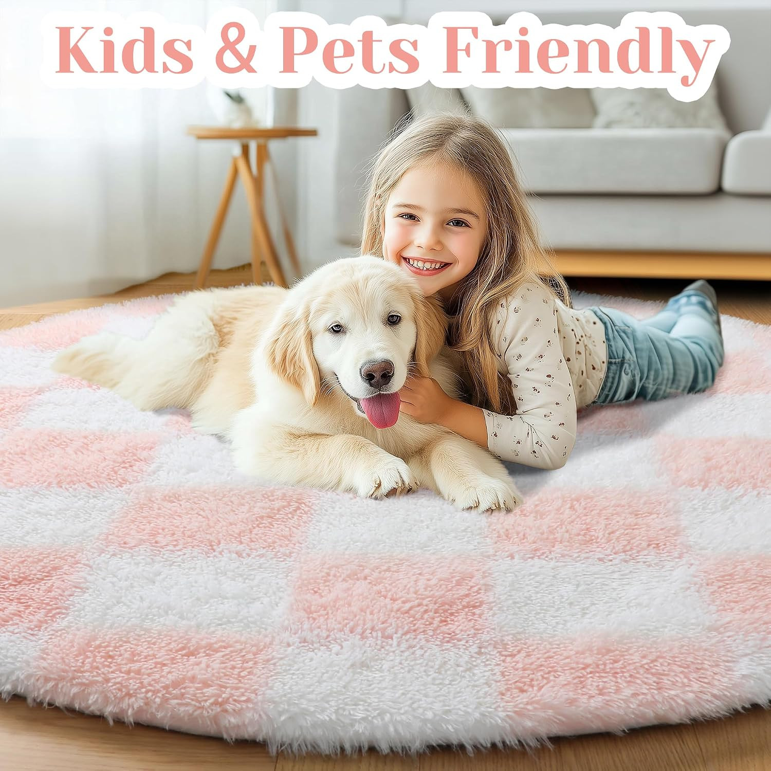 Pink round Rug 4Ft for Girls Bedroom, Fluffy Soft Circle Area Rug Cute