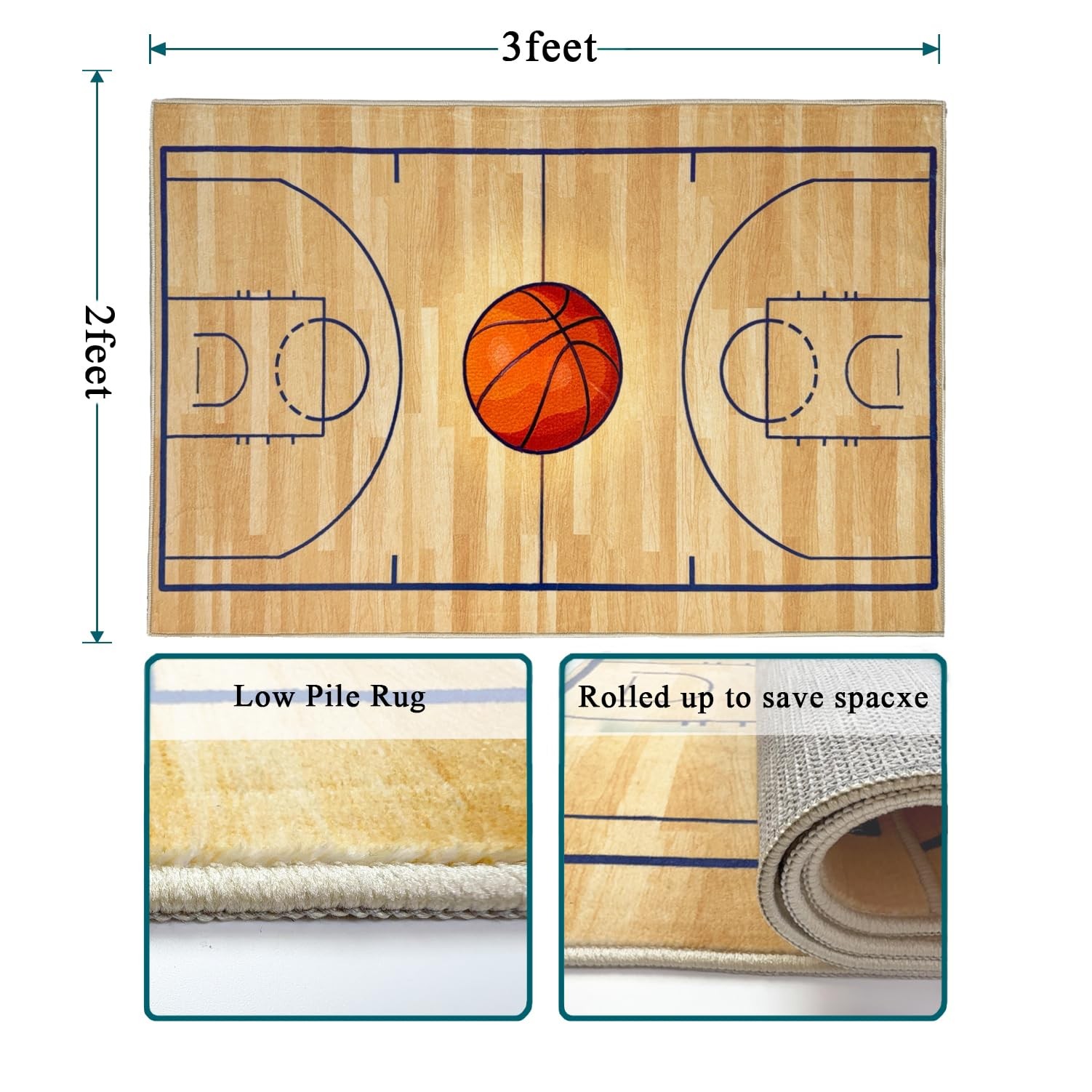 Basketball Area Rug 2×3 Ft Washable Low Pile Non Slip Sports Bedroom Carpet