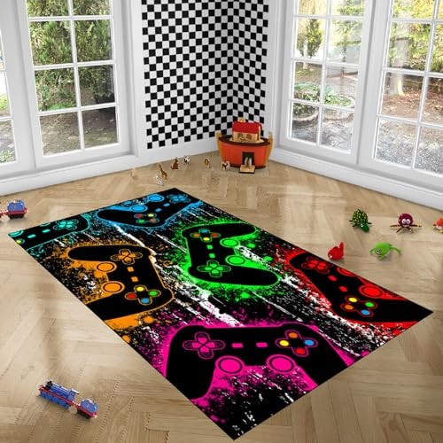 Gamer Area Rug for Dining Room Kids Room Green Hand Drawn Gamepad Teens Rugs