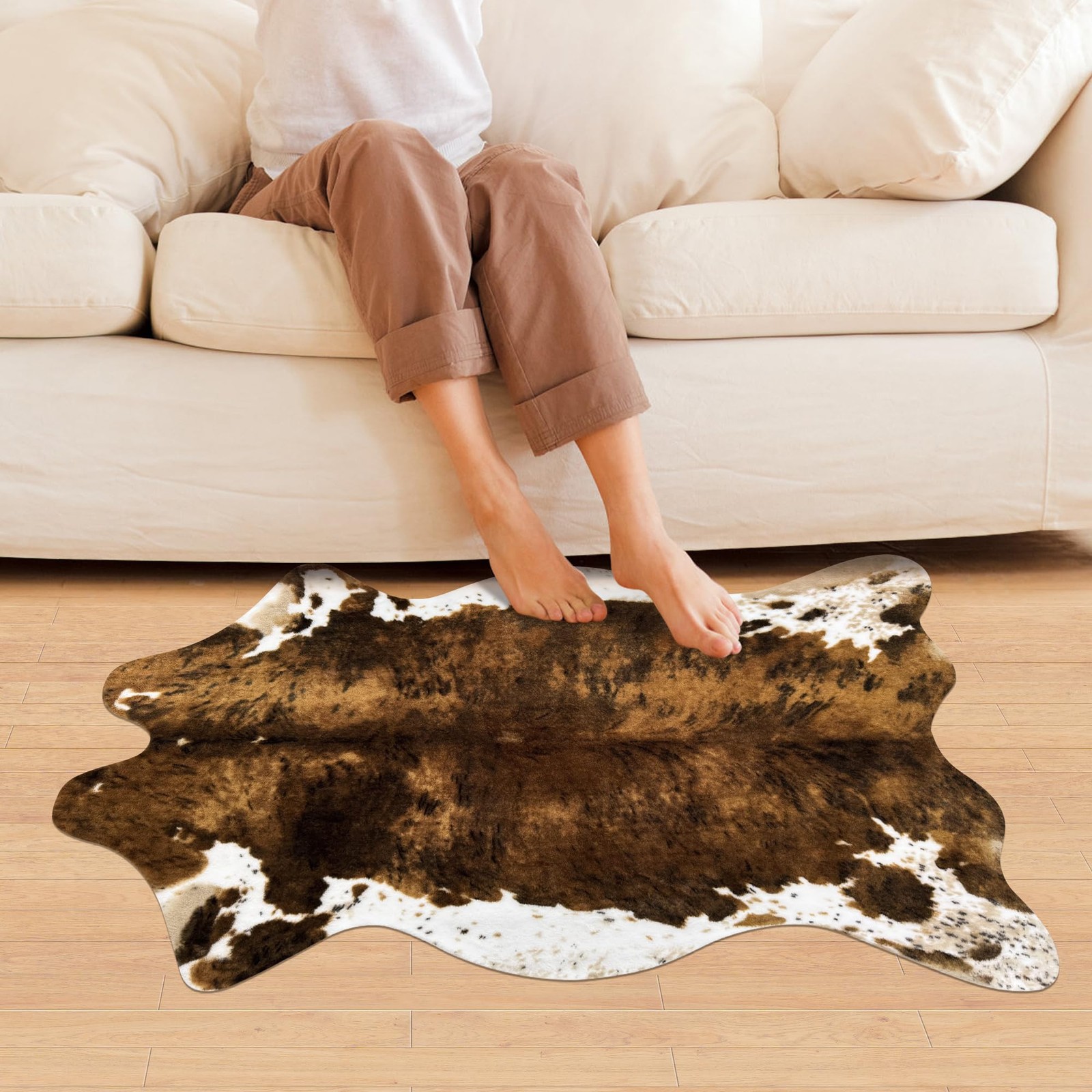 Small Faux Cowhide Rug Western Decor Cow Print Area Bedroom Brown 3.6×2.46ft
