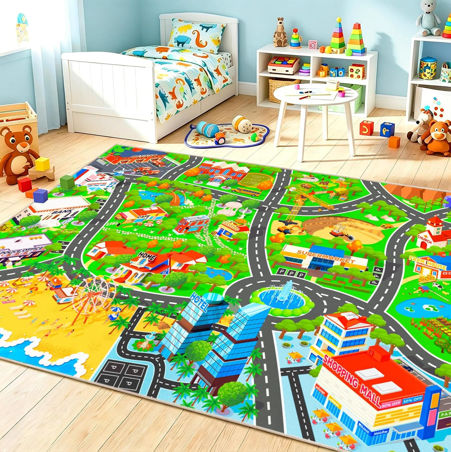 Kids Car Rug for Playroom Classroom, Town City 5X7 Area Rugs | Non Slip Playmat
