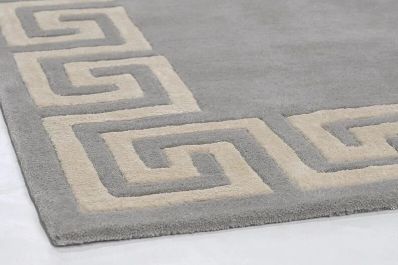 Hand Tufted Grey Area Rug – Modern Greek Key Border Wool Carpet Living Room Bedr