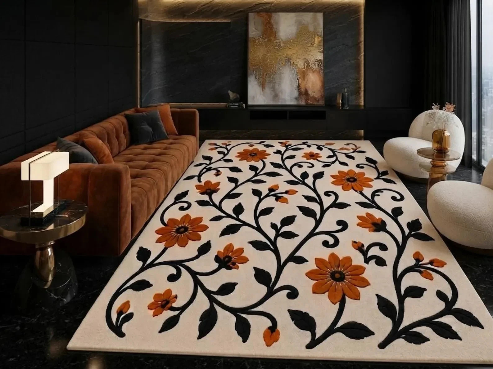 Hand Tufted Wool Floral Rug | Botanical Area Rug, Cream Black Orange Home Decor