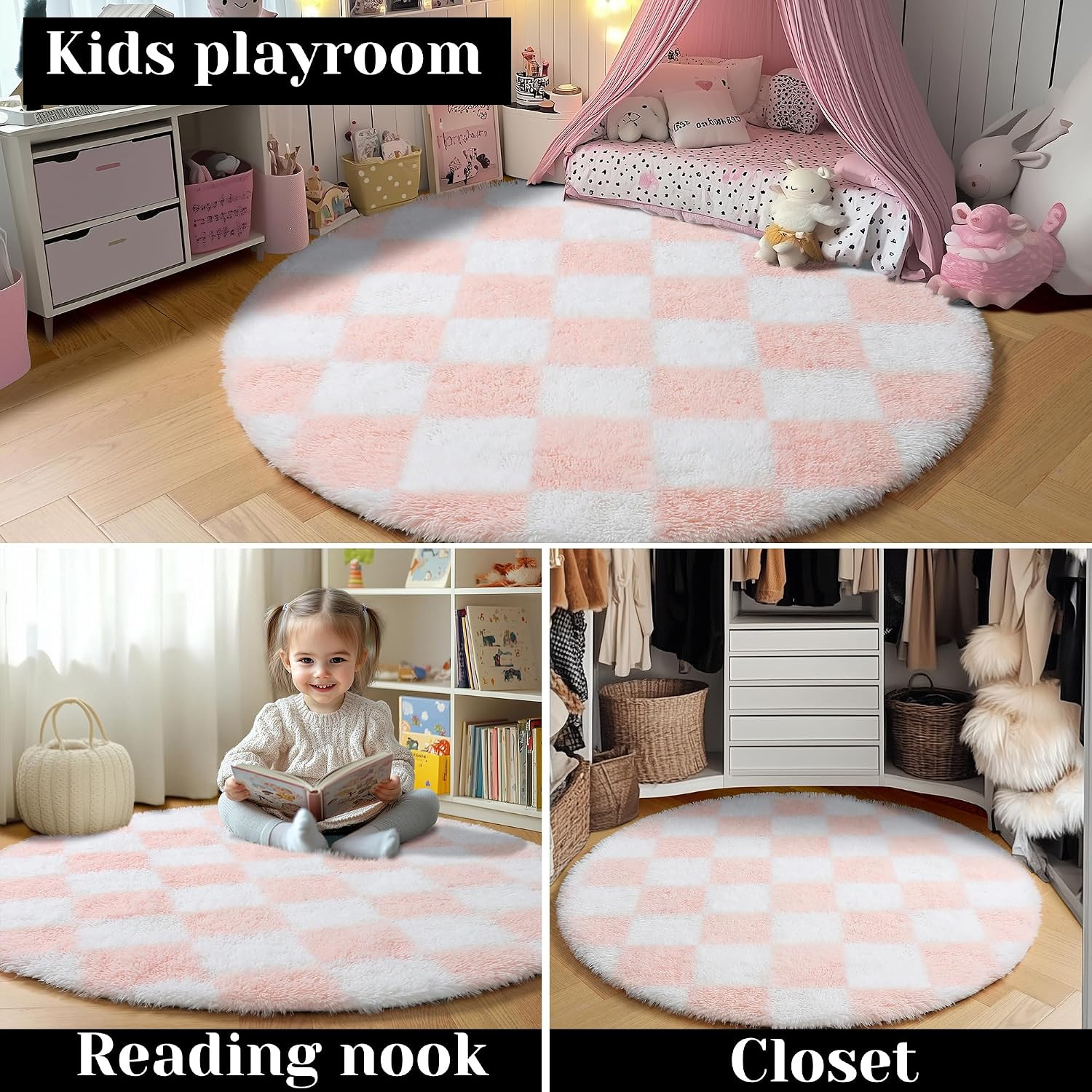 Pink round Rug 4Ft for Girls Bedroom, Fluffy Soft Circle Area Rug Cute