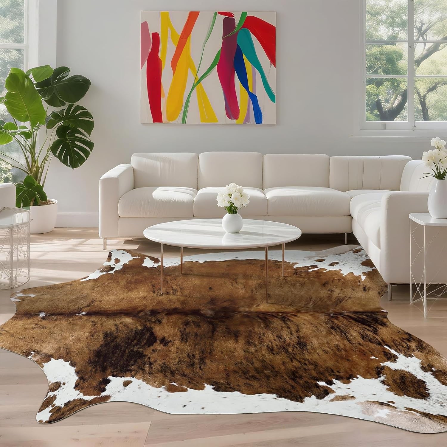 Faux Cowhide Print Rug for Living Room, 4.6 x 5.2 ft Brown Western Animal Cow Hi