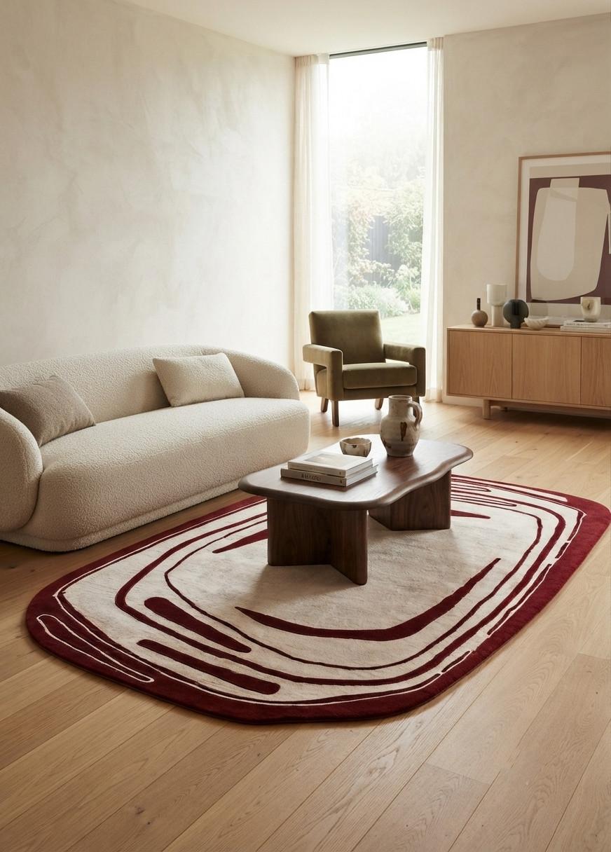 Abstract Modern Wool Rug Burgundy Ivory Hand Tufted Area Rug Scandinavian Carpet