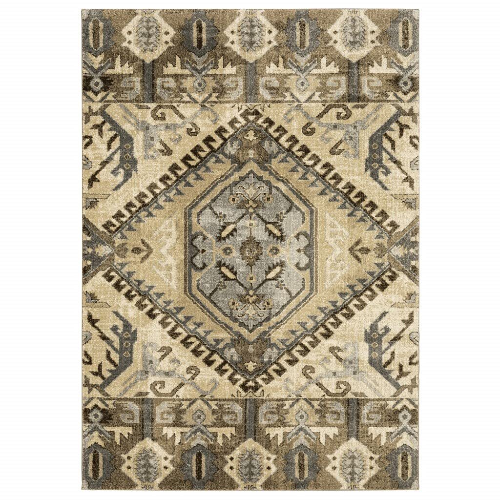 10′ X 13′ Tan And Gold Central Medallion Indoor Area Rug