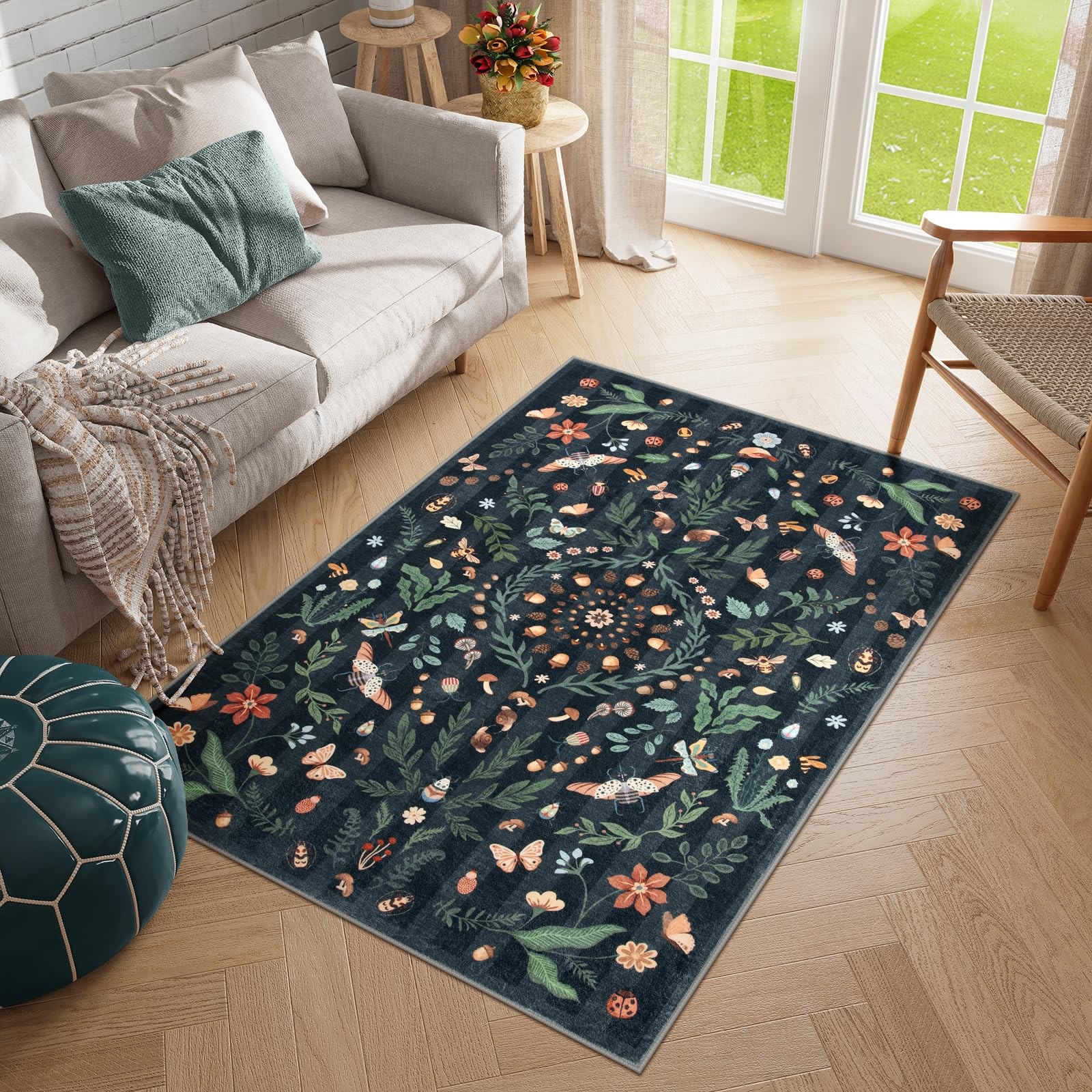 Lahome Insect Botanical 3×5 Washable Rugs for Entryway Soft Rug for Bedroom, Bla