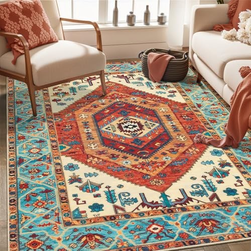 Area Rug 3×5 Boho Orange Rugs for Bedroom, Washable Non-Slip Kitchen Rugs,