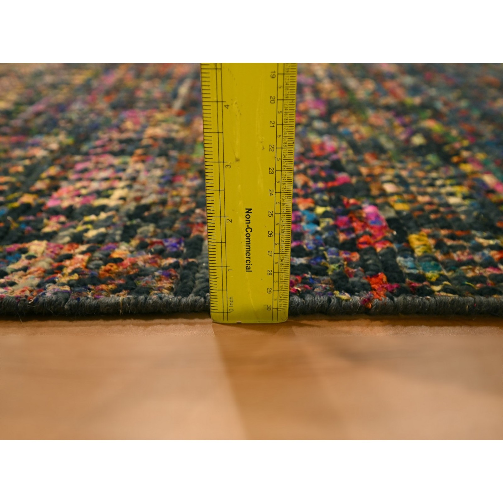 2’6″ x 11′ Black Sari Silk and Wool Striae Design Hand Knotted Runner Rug R76206