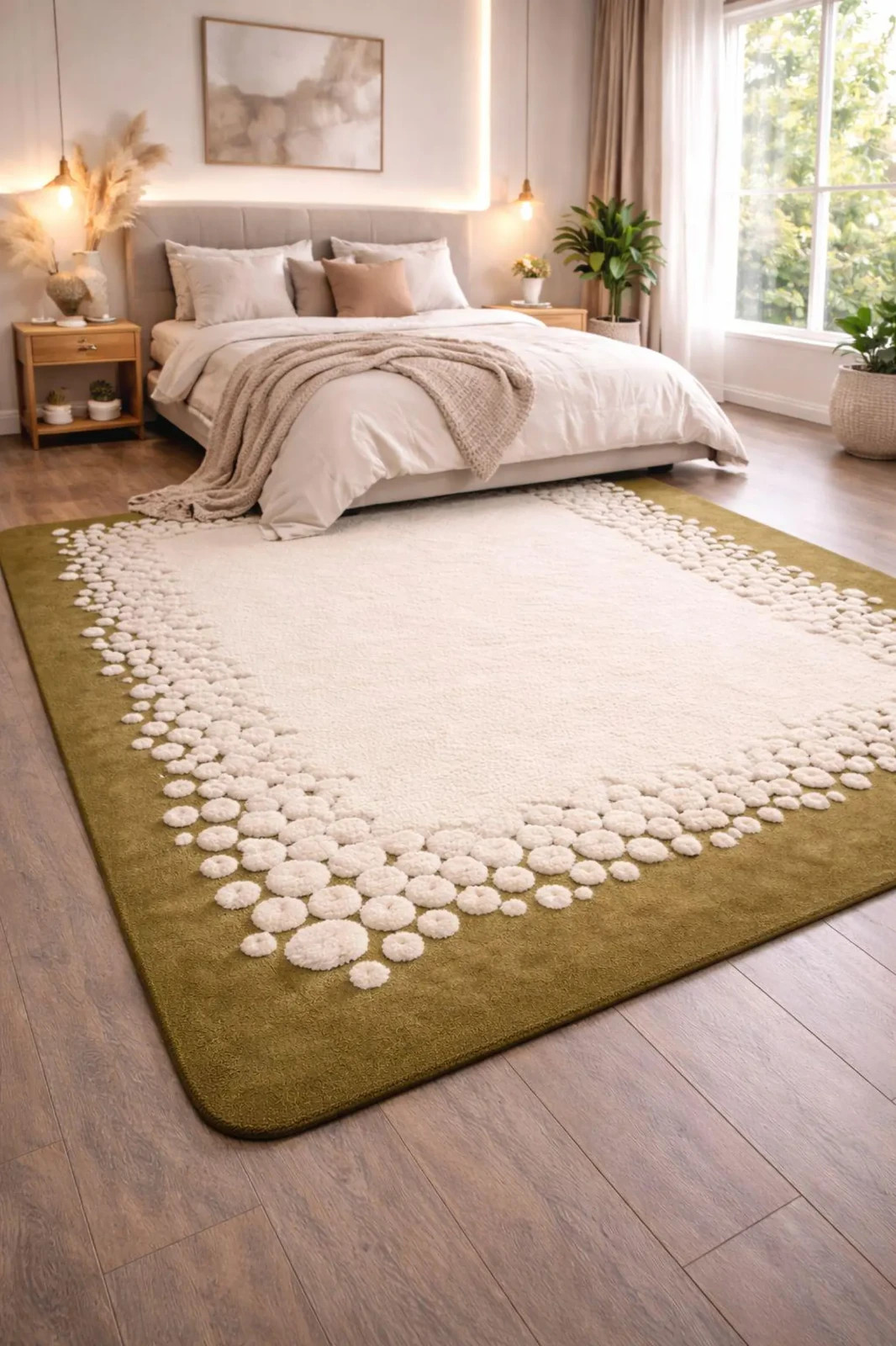 Ivory Moss Bloom Wool Rug Sculpted Border Hand Tufted Carpet Modern Textured