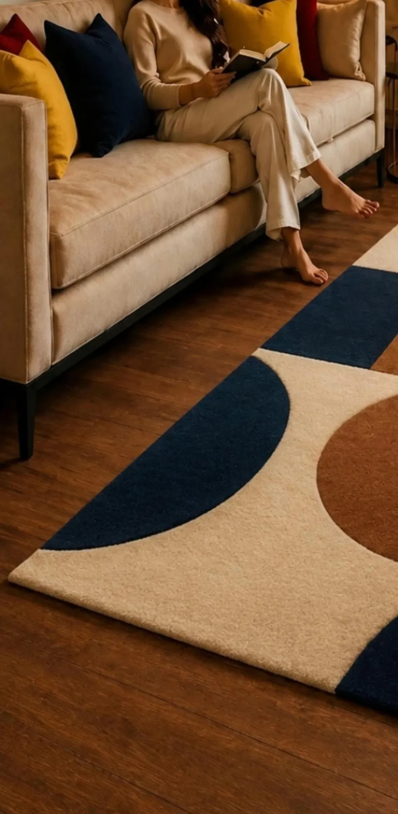 Hand Tufted Geometric Wool Rug: Modern Abstract Navy Blue Beige Area Carpet