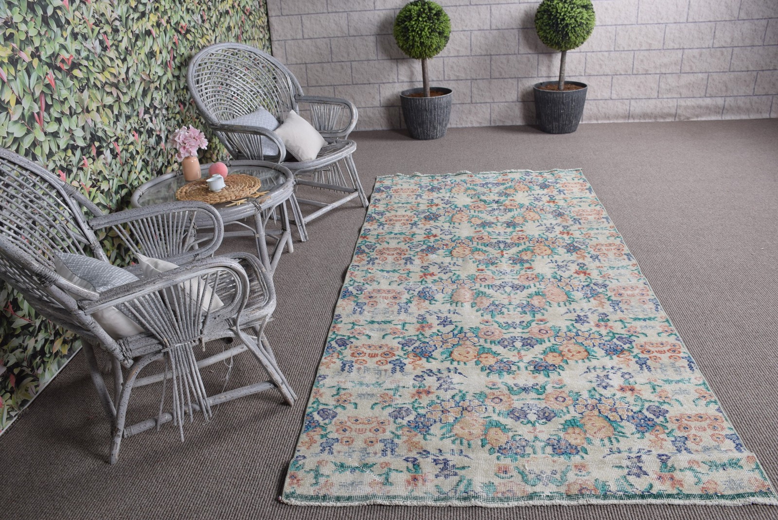 Vintage 4,2×8,8 ft Rug, Area Turkish Rug, Blue White Animal Print Rug