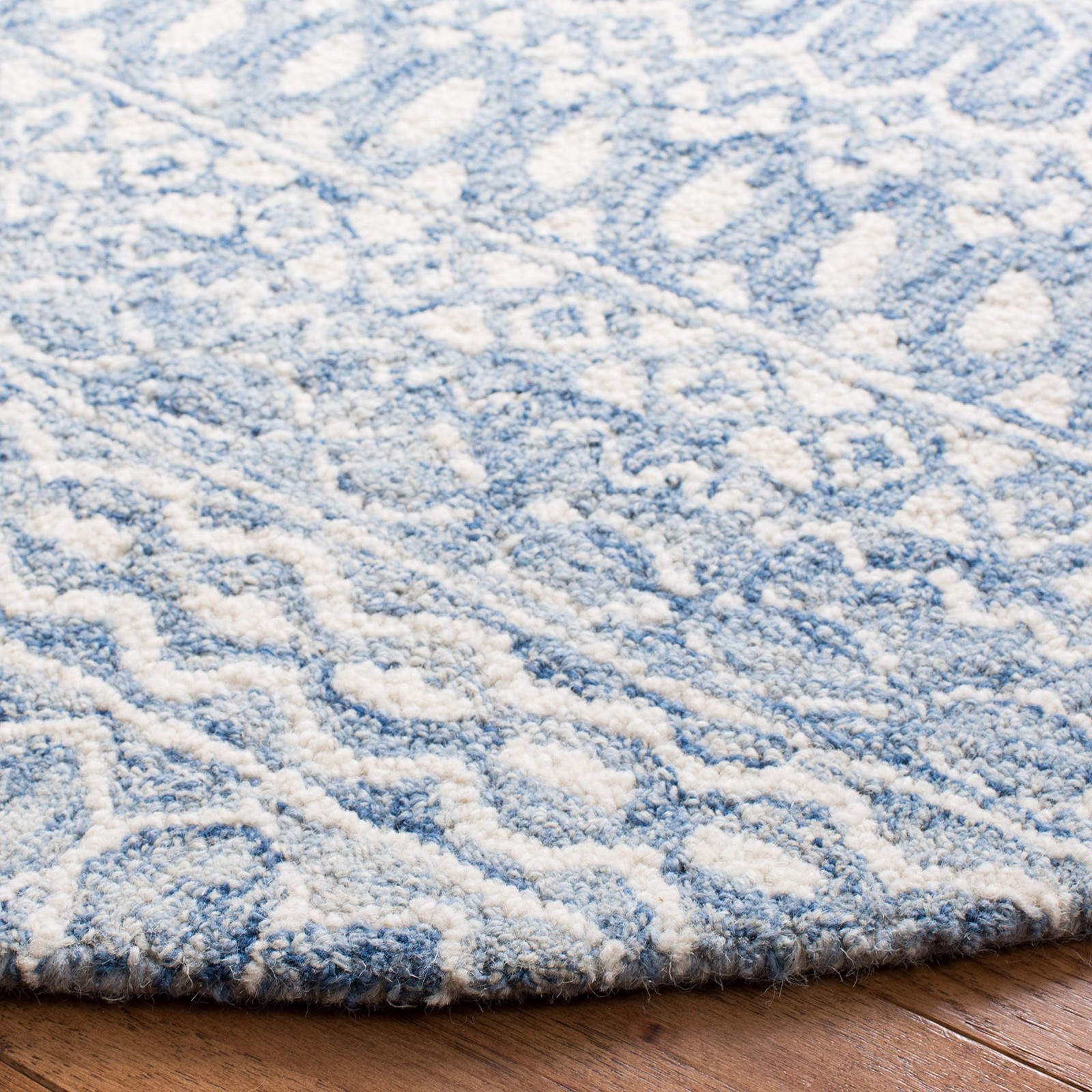 Area Rug 3′ Round Blue Ivory Handmade Moroccan Boho Wool – Ideal for High