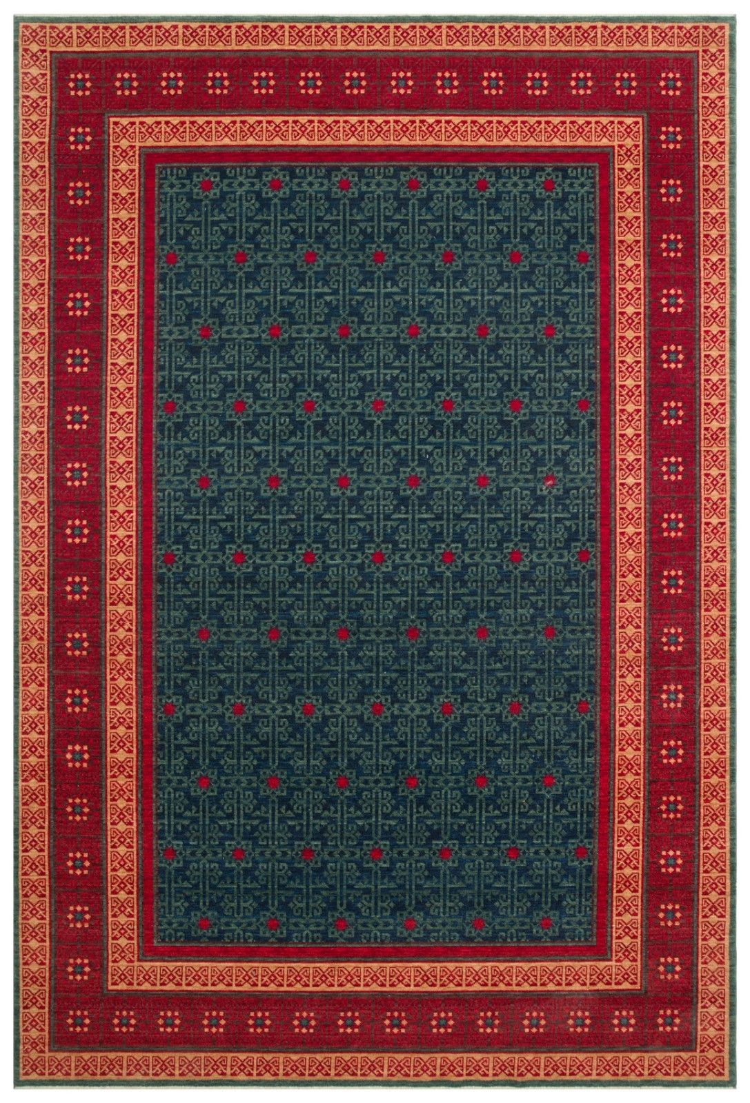 Hand Woven Turkish Rug 7×10 Ft Navy Blue Red Geometric Floral Wool Vintage