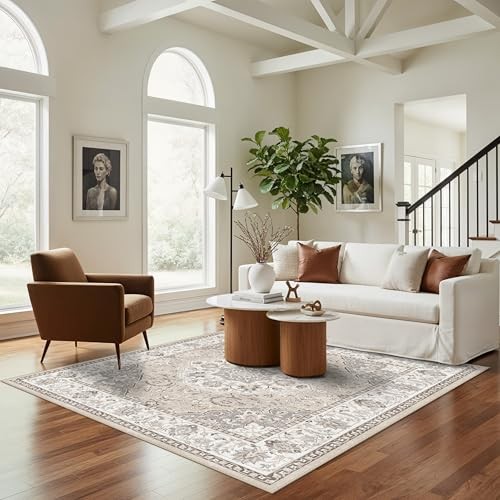 6ft Square Living Room Area Rug – Washable Oriental 6×6 Rugs for Bedroom Dining