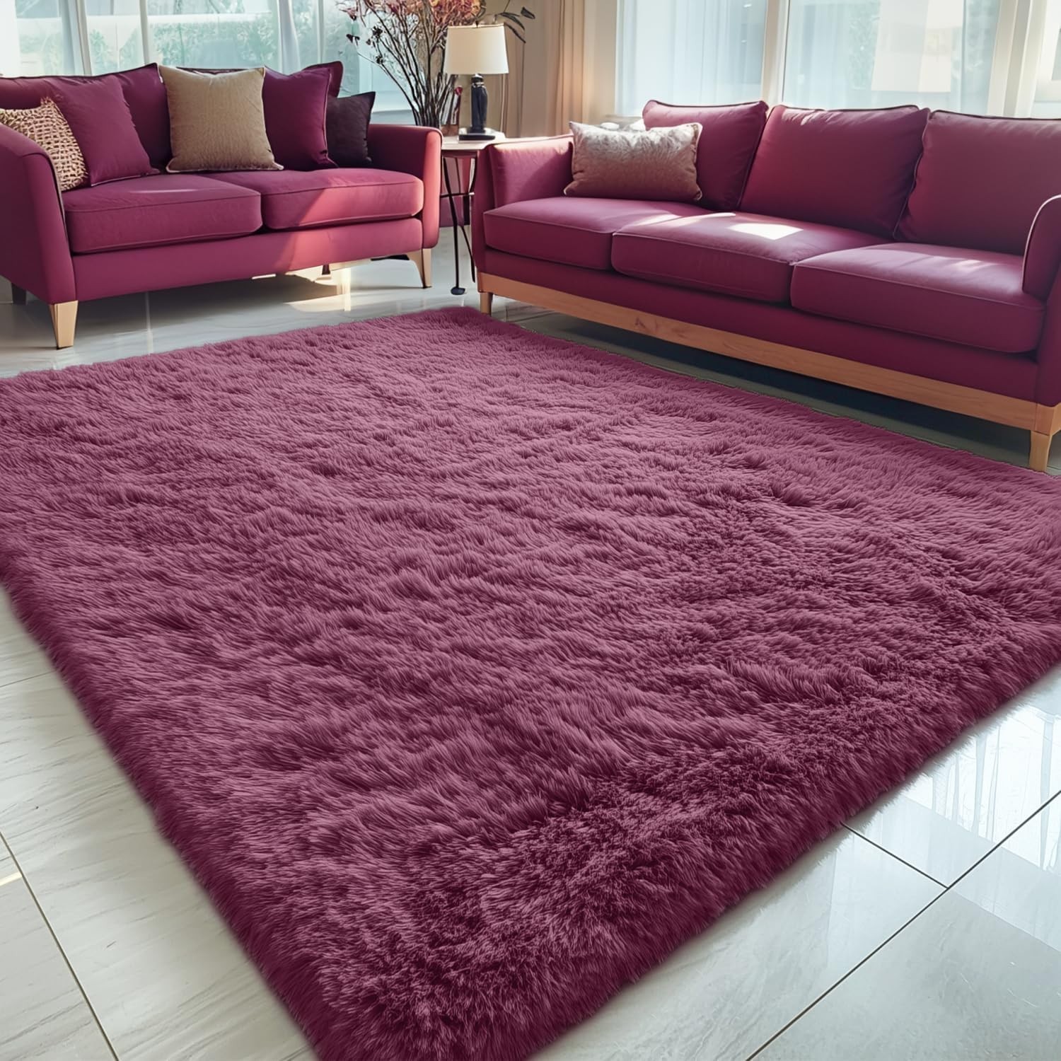 Fluffy Area Rug 8×10 Large Soft Burgundy Carpet for Living Room & Bedroom Floor