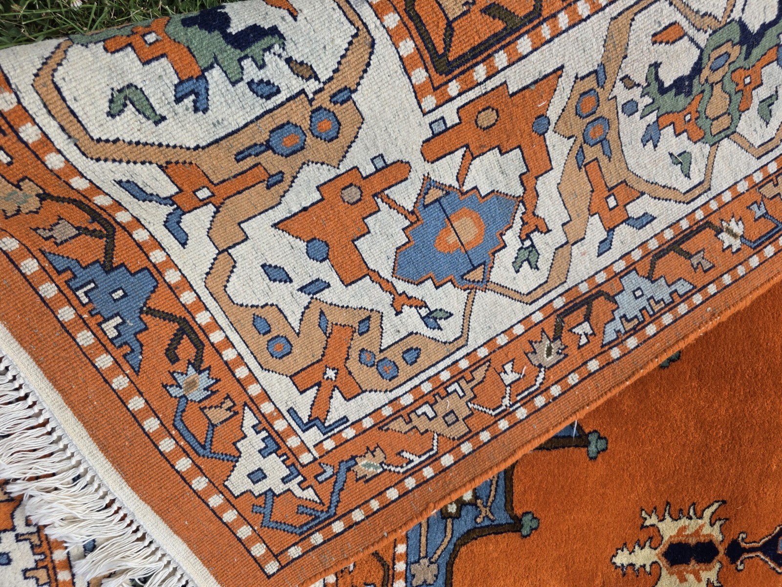 Heavyweight Vintage 9×12 Wool Area Rug Rust Orange Slate Blue Medallion Serapi S