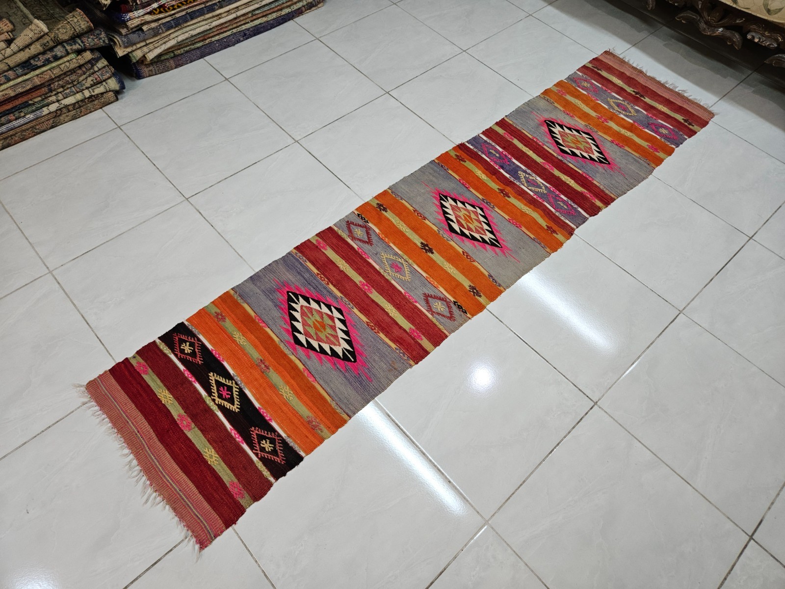 Handmade Wool Turkish 1.8 x 7.9 ft Kilim Runner Rug with Diamond Tribal Motifs