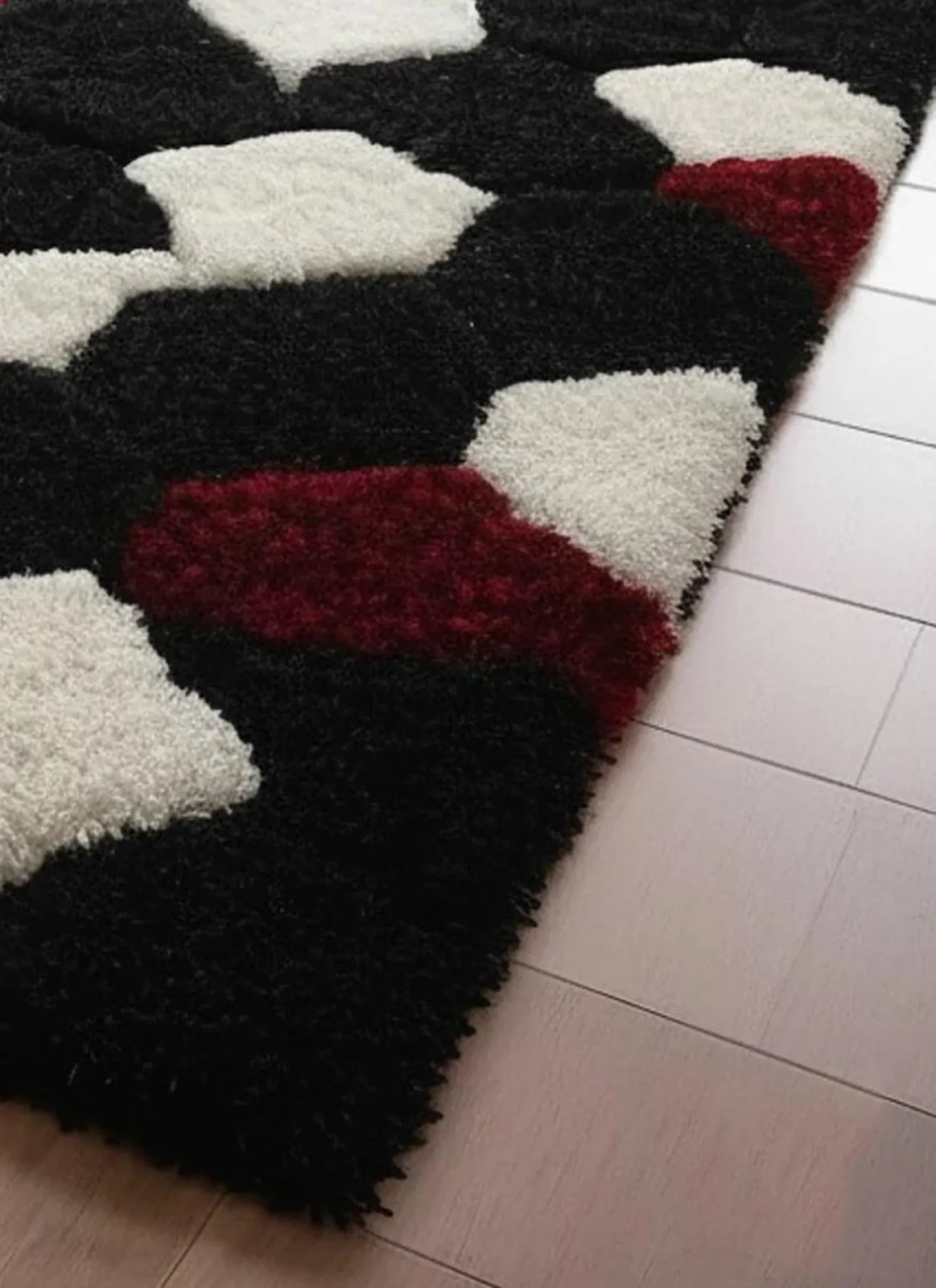 Geometric Shag Area Rug | Black, Red & White 3D Pattern