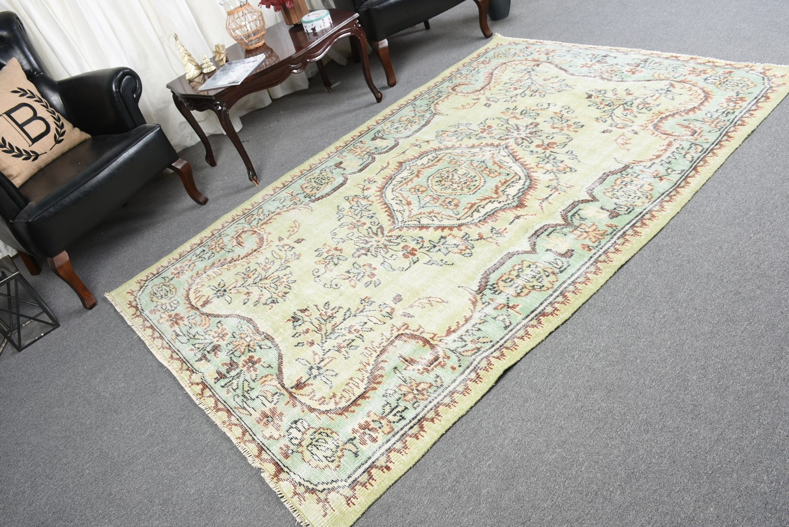 5,1×8,1 ft Turkish Rug, Green Abstract Vintage Rug Wool