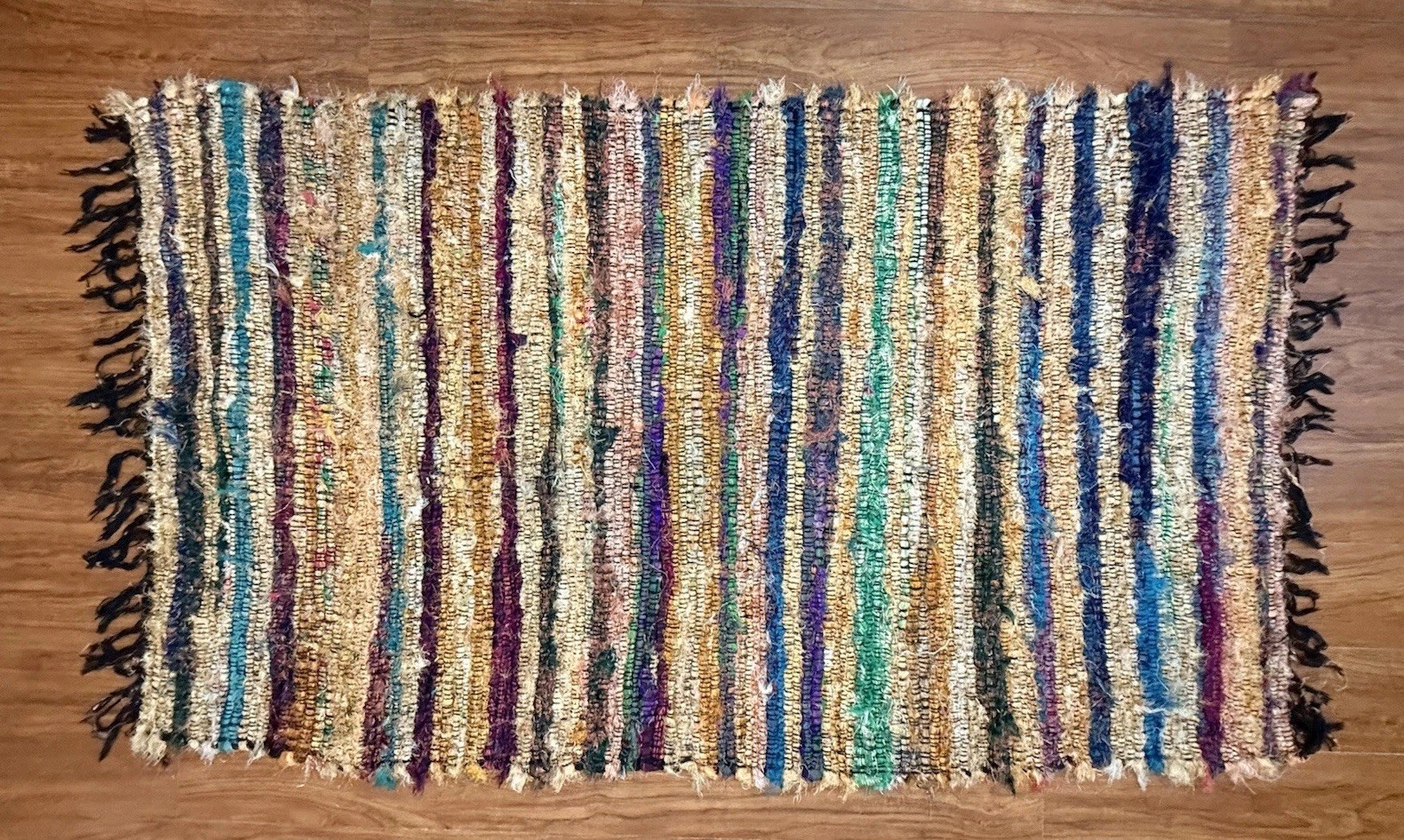 Vintage Handwoven Chindi Bohemian Rug 3×5 Multi w Metallic Yarn Accents Tassel 1