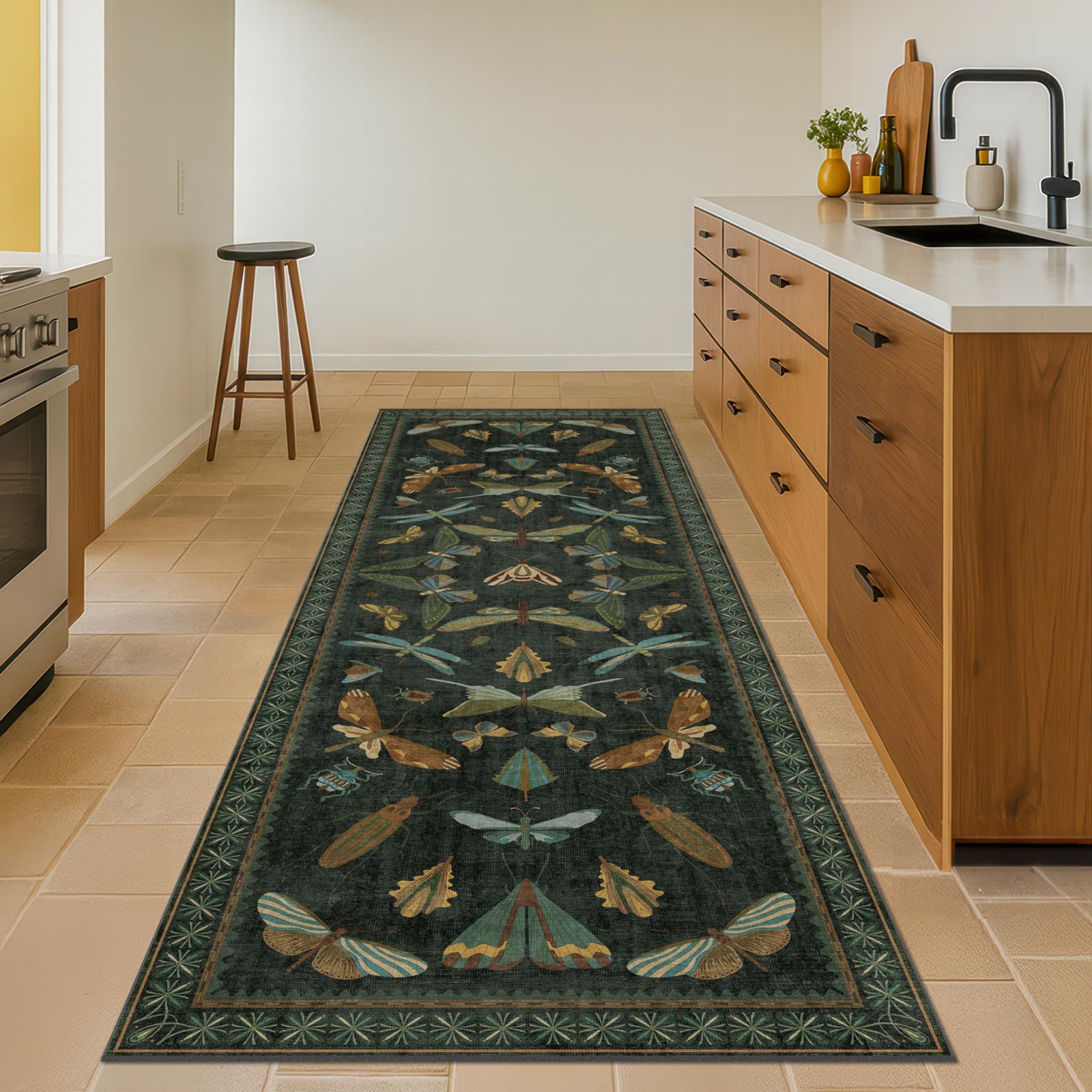8 Ft Long Hallway Runner Rug – Boho Green Rug for Kitchen Floor, Entrance Indoor