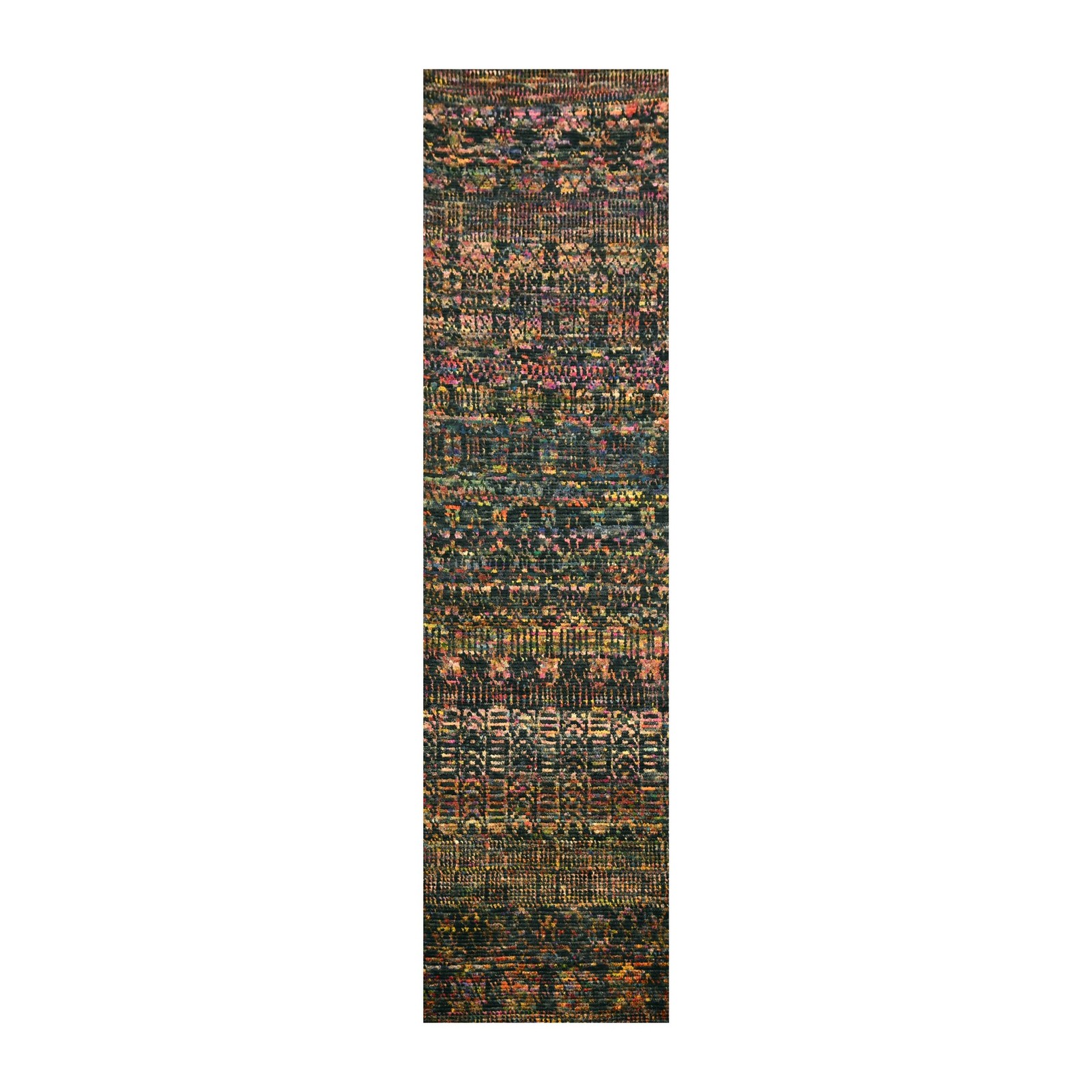 2’6″ x 11′ Black Sari Silk and Wool Striae Design Hand Knotted Runner Rug R76206