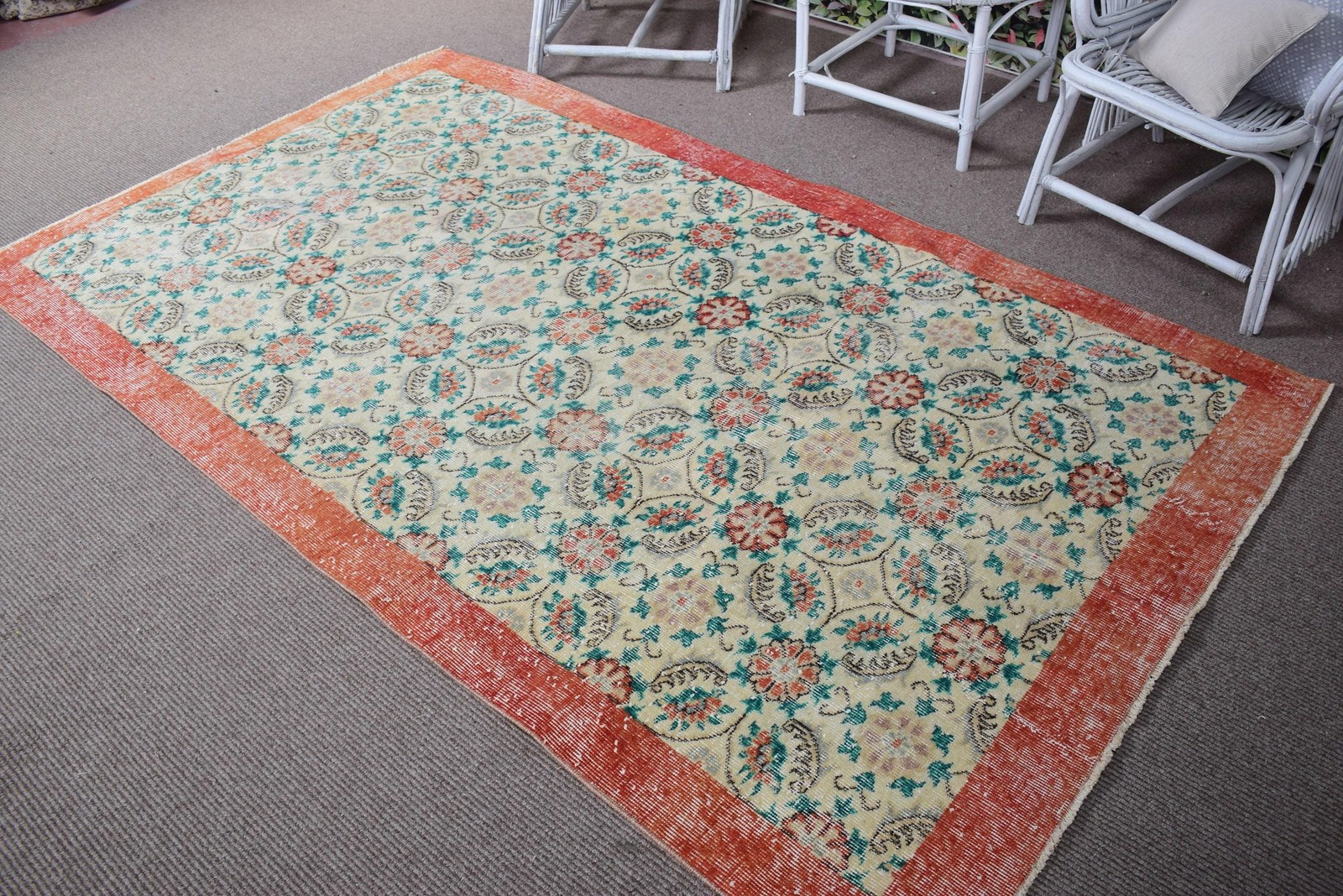 Turkish Vintage Rug 4,8×7,8 ft (147×238 cm), Red Polka dot Wool Rug